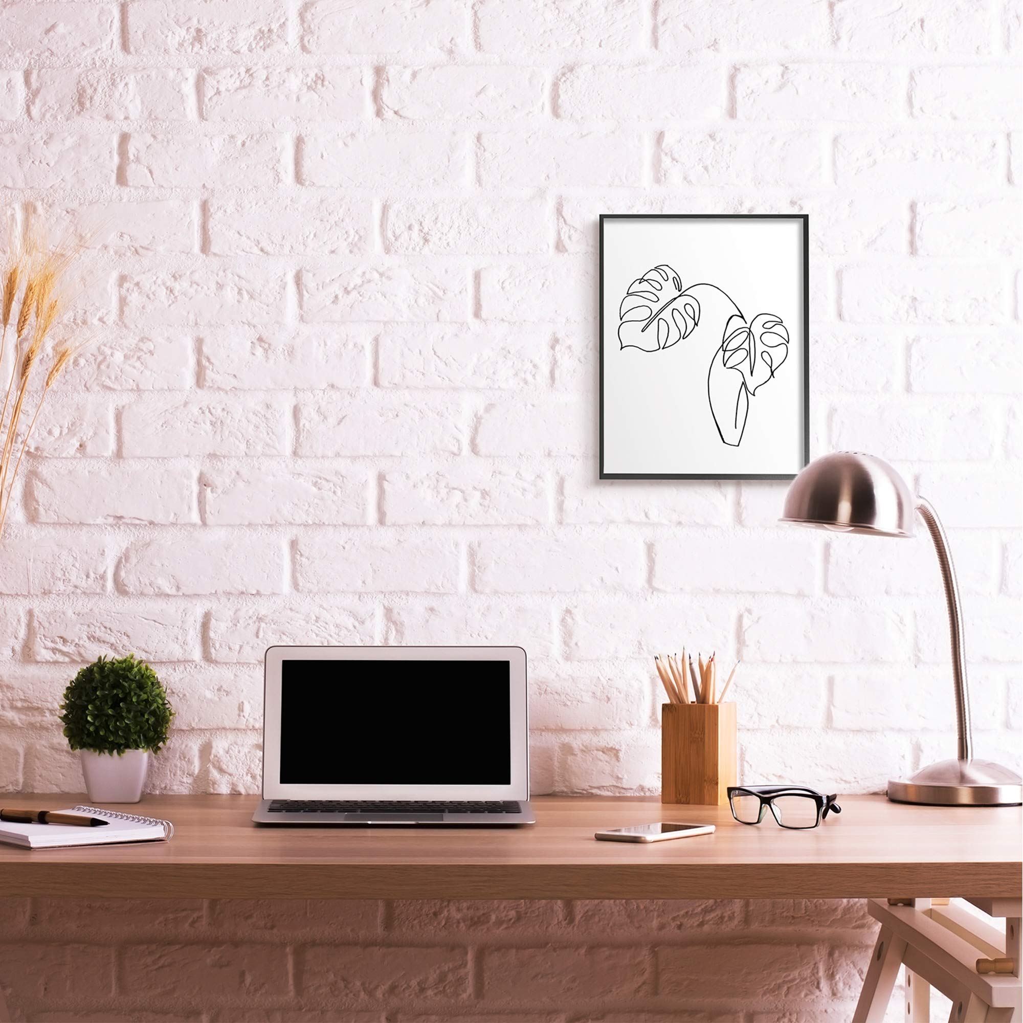 Stupell Industries Monstera Plant in Vase Minimalist Line Drawing Wall Art - Black Framed 16