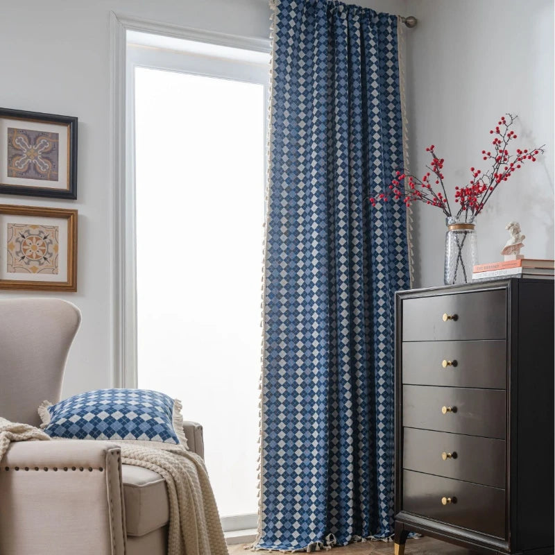 Premium Diana Cotton Linen Diamond Check Blackout Curtains for Living Room & Bedroom - Thermal Insulated Window Drapes for Light Blocking & Privacy