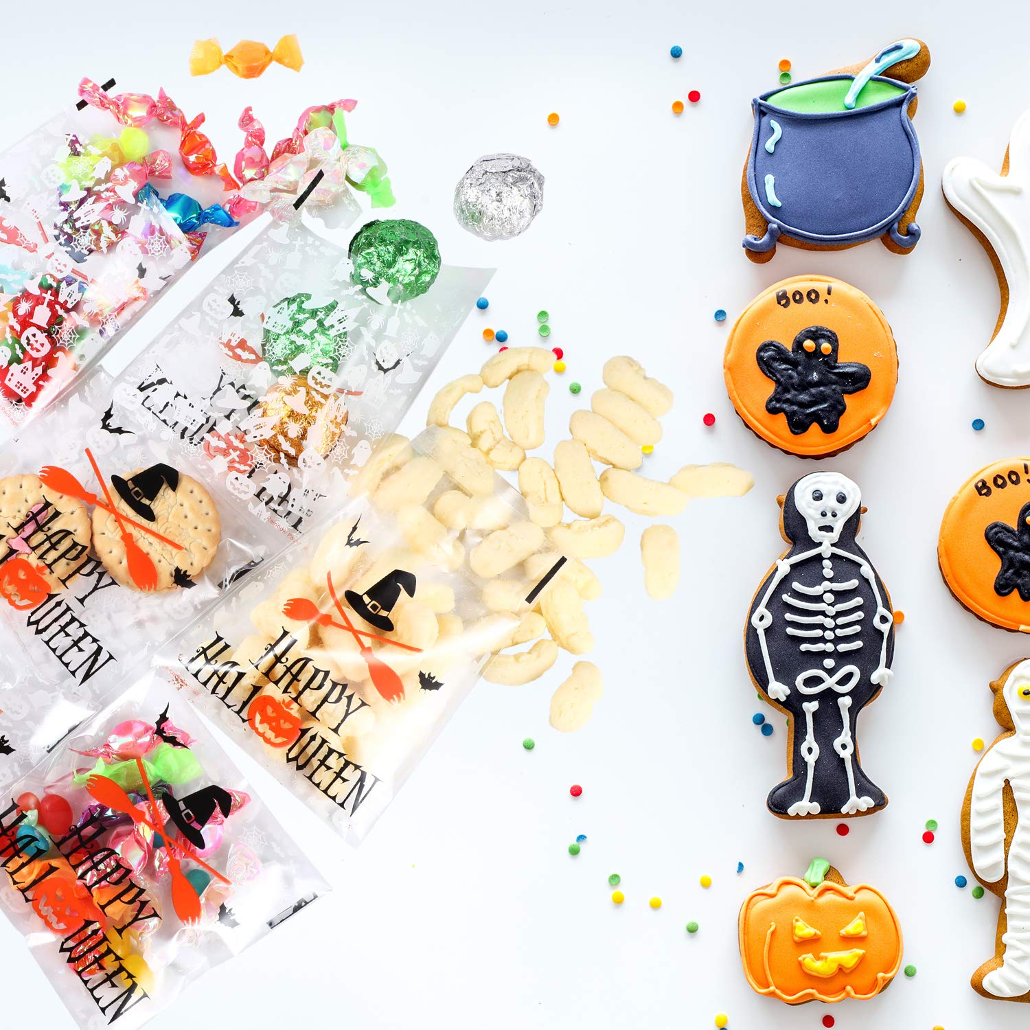 100 Pack Clear Halloween Treat Bags - Self-Adhesive Cellophane Candy Bags for Party Favors, Cookie Packaging & Halloween Decorations | Perfect for Trick-or-Treating, School Parties & Holiday Gift Wrapping