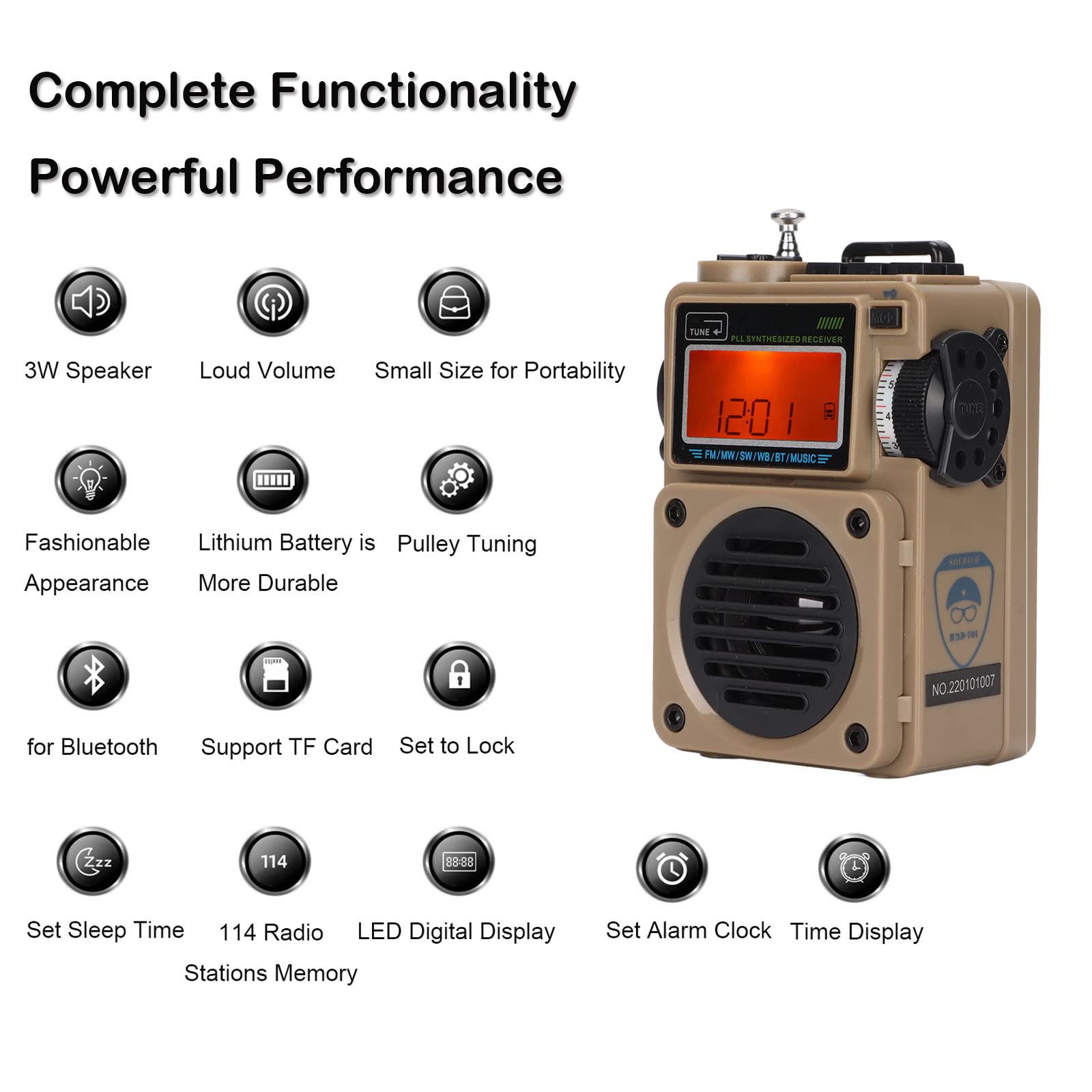 ASHATA Portable Digital Radio with Bluetooth - FM/AM/SW/WB Receiver, LCD Display, Alarm Clock, Speaker, 6 EQ Modes - Perfect for Home, Office, Travel & Emergency Use (Khaki)