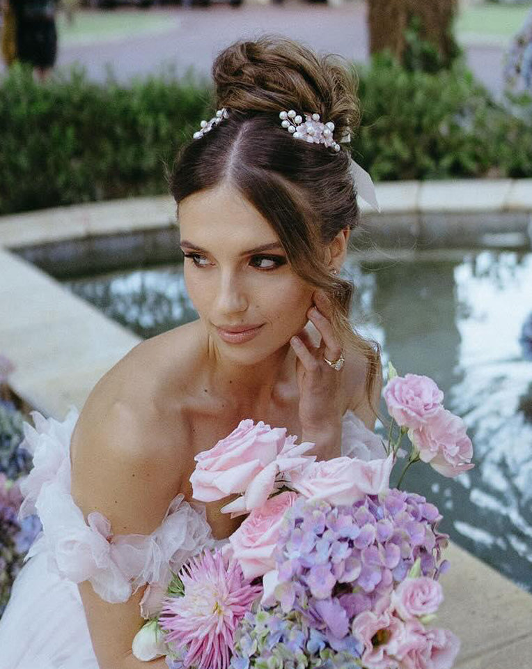 Elegant Wedding Hair Accessories Set - 3 Piece Floral & Freshwater Pearl Bridal Combs with Satin Ribbon Bow - Emmie by Kezani - Perfect for Brides, Bridesmaids, and Special Occasions