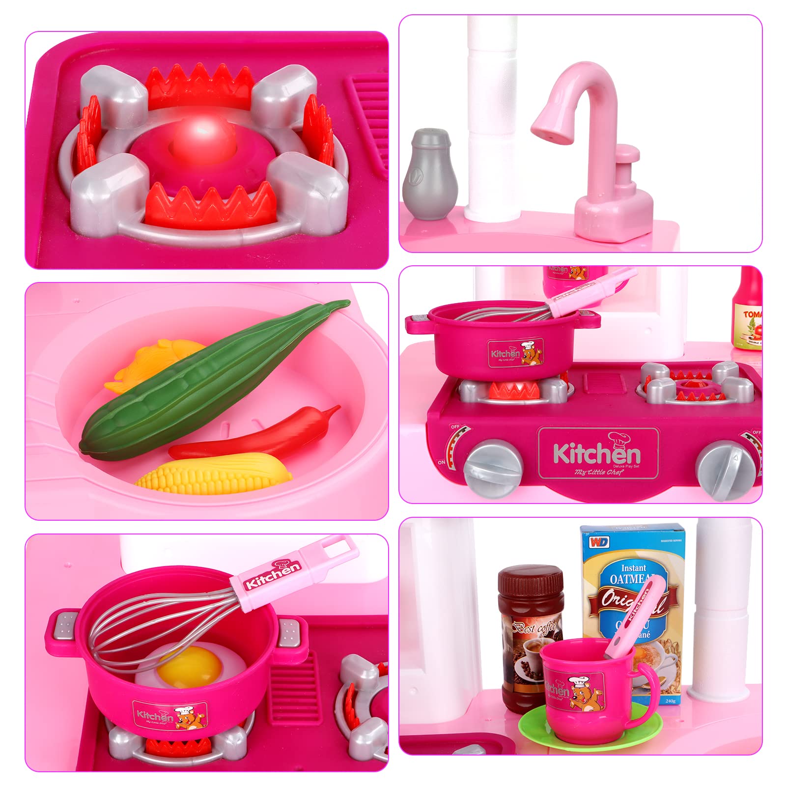 deAO Kids Cooking Toy Set with Multiple Accessories - Pretend Play Kitchen Toy for Girls & Boys (Pink) - Perfect for Role Play, Birthday Gifts & Early Learning Development