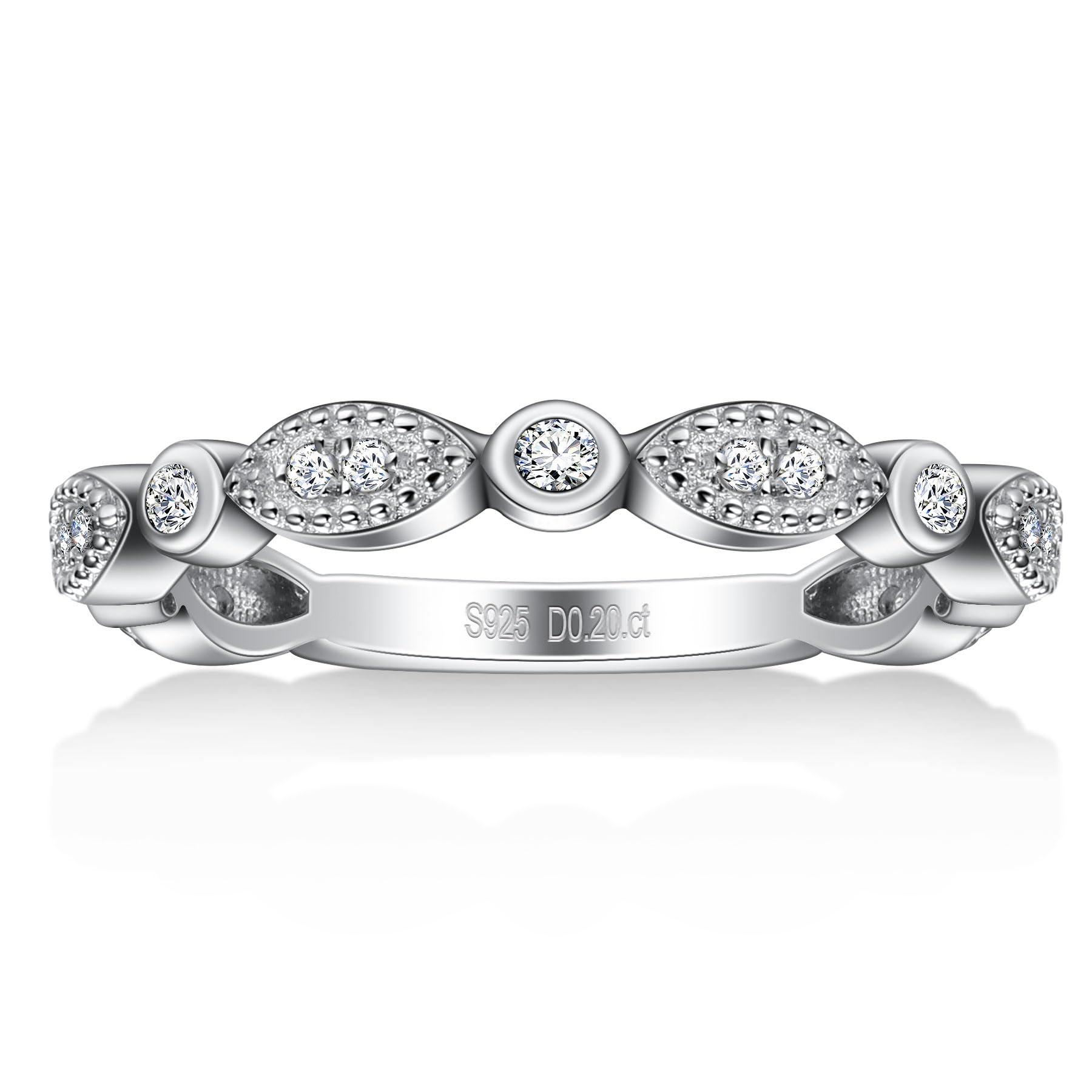 Lab-Created Moissanite Wedding Band - 925 Sterling Silver Half Eternity Ring for Women | D Color VVS1 Marquise Cut, Milgrain Detailing, Stackable Design | Perfect for Engagement, Anniversary, Bridal Stacking & Everyday Elegance