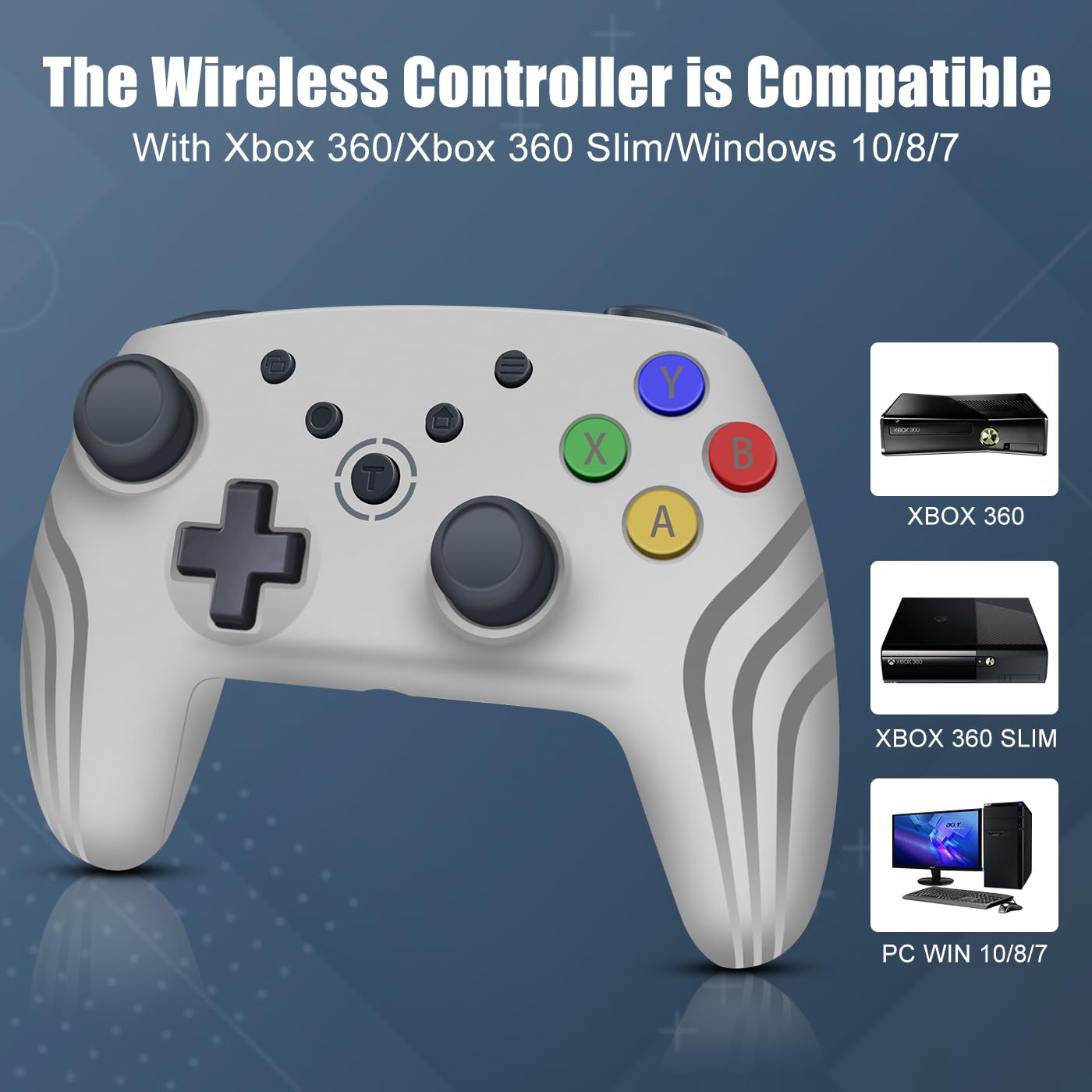 Wireless Xbox 360 Controller with RGB LED Lights - 2.4GHz Gaming Controller Compatible with Xbox 360/Xbox 360 Slim | Built-in 800mAh Battery & 3.5mm Audio Jack | Grey - Perfect for Long Gaming Sessions & Multiplayer Battles