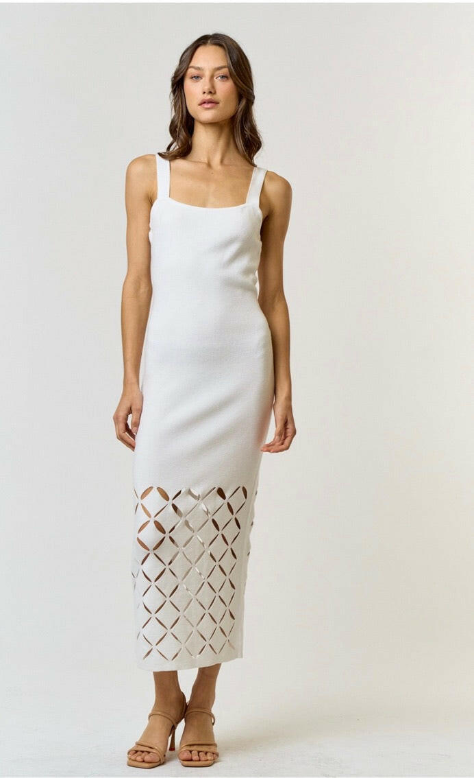 Off White Square Neck Cut Out Detail Sweater Midi Dress - Elegant Winter Office Wear & Holiday Party Outfit