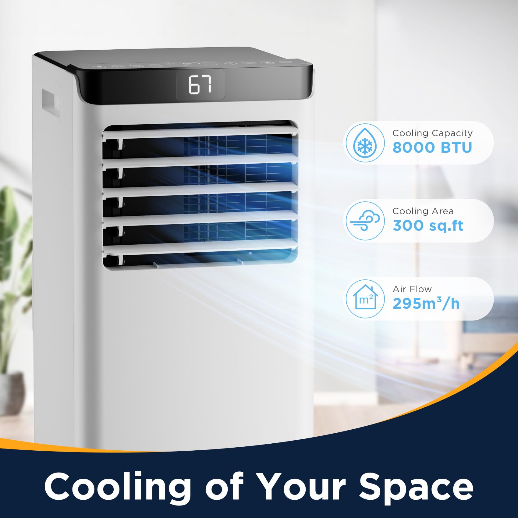 8,000 BTU Portable Air Conditioner for Large Rooms Up to 350 Sq.Ft - 3-in-1 Cooling Modes with Remote Control & Easy Install Kit - Energy Efficient AC Unit for Bedroom, Living Room, Home Office - Summer Cooling Solution for Heatwaves & Hot Nights - Compact Design with Quiet Operation for Better Sleep & Work Comfort