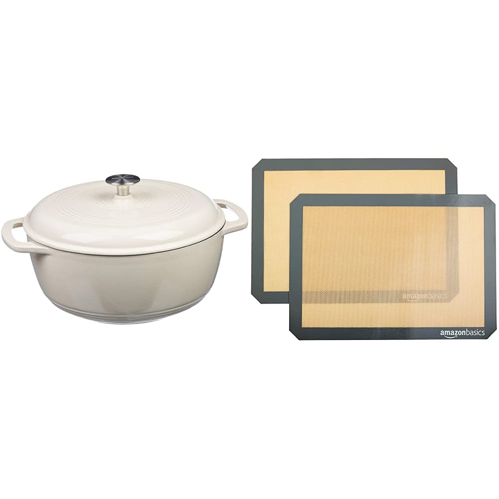 Amazon Basics Enameled Cast Iron Dutch Oven with Lid, 4.3-Quart, White & Silicone Non-Stick Coating, Oven & Stovetop Safe - Perfect for Baking, Roasting, and Slow Cooking - Includes 2 Food Safe Silicone Baking Mats