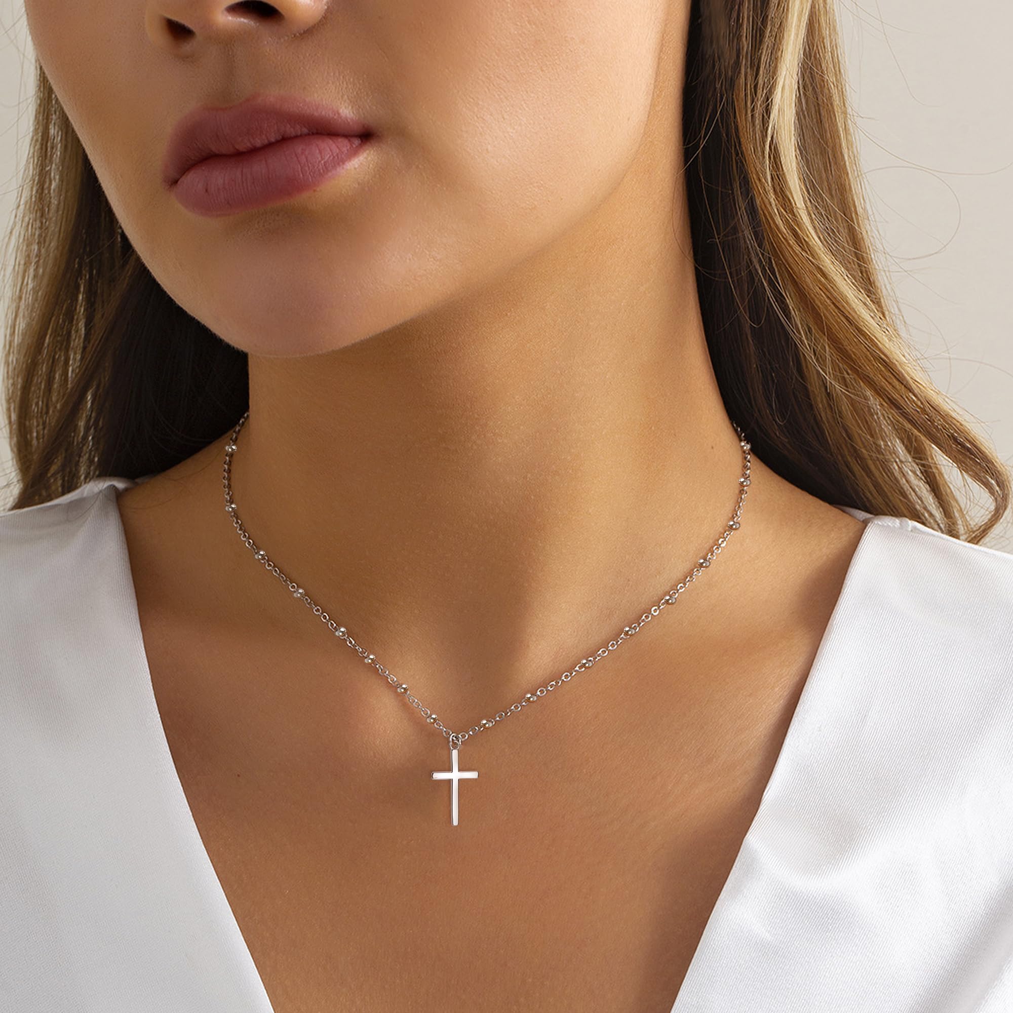 KALVICA Tiny Silver Cross Pendant Necklace for Women & Girls - Dainty Beaded Chain with Faith, Hope & Love Charm - Perfect Christian Jewelry Gift for Baptism, Confirmation & Everyday Wear