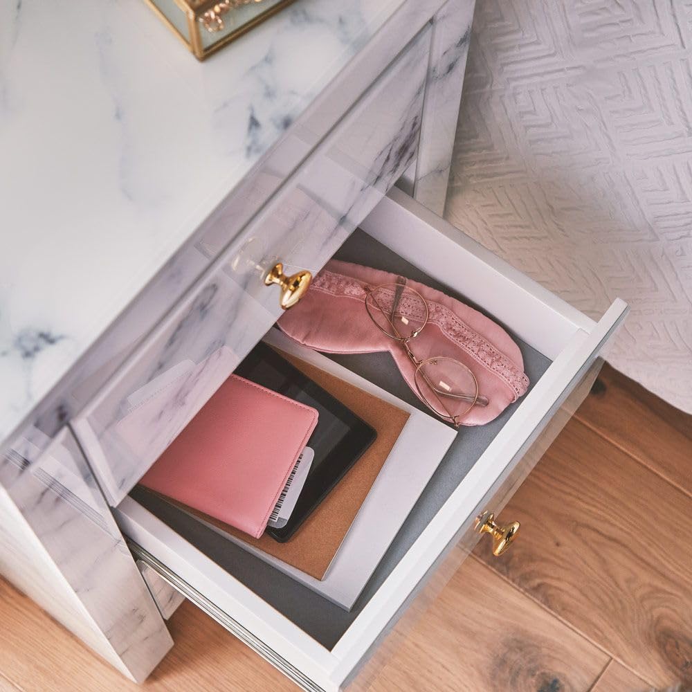 Glass Three-Drawer Nightstand - Stylish White Marble Textured Tempered Glass Bedside Table with Golden Metal Handle | Modern Bedroom Furniture for Small Spaces & Apartment Living