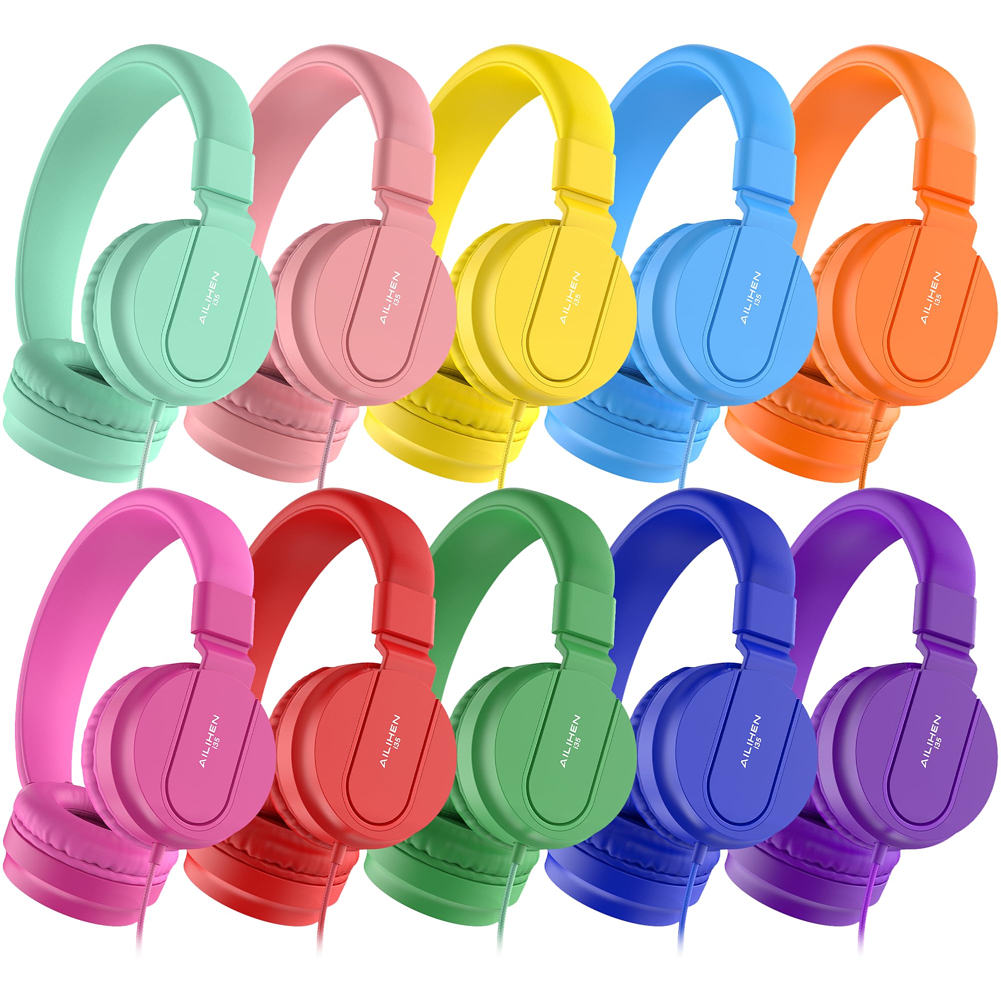 AILIHEN 10 Pack Classroom Headphones for Kids - 93dB Volume Limited Wired On-Ear Headset with Microphone, Durable 3.5mm Jack for School K-12 Students, Chromebook, Computer & Library Use - Perfect for Online Learning, Classroom Activities & Quiet Study Time