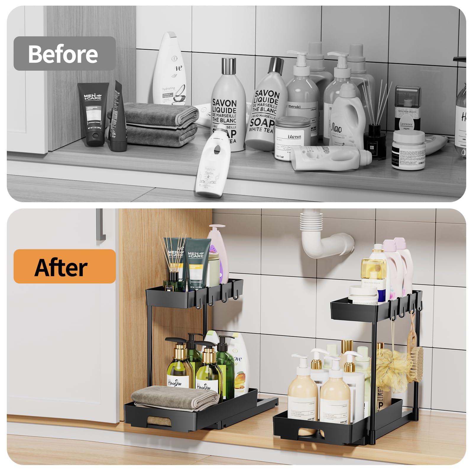 Delamu 2 Pack Under Sink Organizer Set - 2 Tier Pull Out Cabinet Organizer for Bathroom & Kitchen, L-Shaped Black Sink Storage with Drawer - Perfect for Organizing Cleaning Supplies, Toiletries & Kitchen Essentials Under Sink