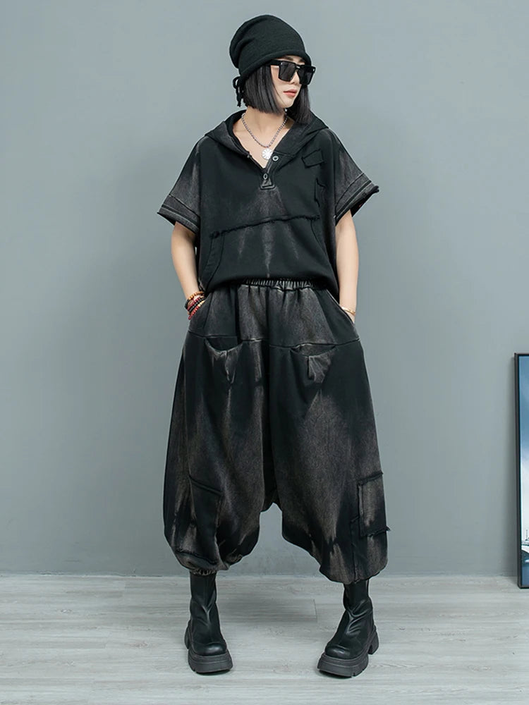 Big Size Women's Sweatshirt & Cross Pants Two-Piece Set - Hooded Short Sleeve Fashion Outfit for Spring/Autumn 2025 (Style 1DH9474) | Casual Streetwear, Lounge Wear & Trendy Outfit for Daily Wear