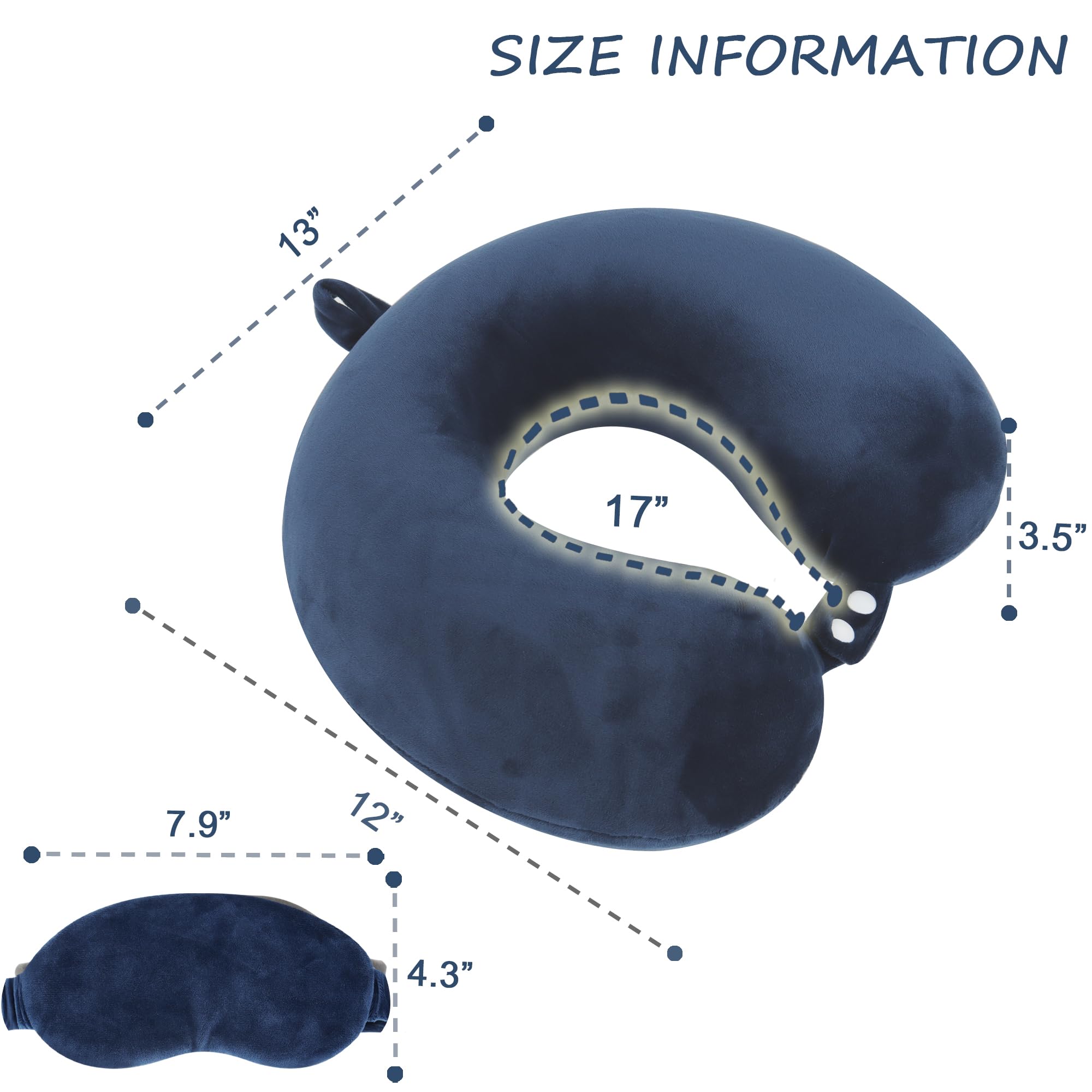 Memory Foam Travel Pillow Set for Adults - Neck Support Pillow with Removable Washable Cover & Sleep Mask - Perfect for Airplane, Car, Office & Home Use - Dark Blue