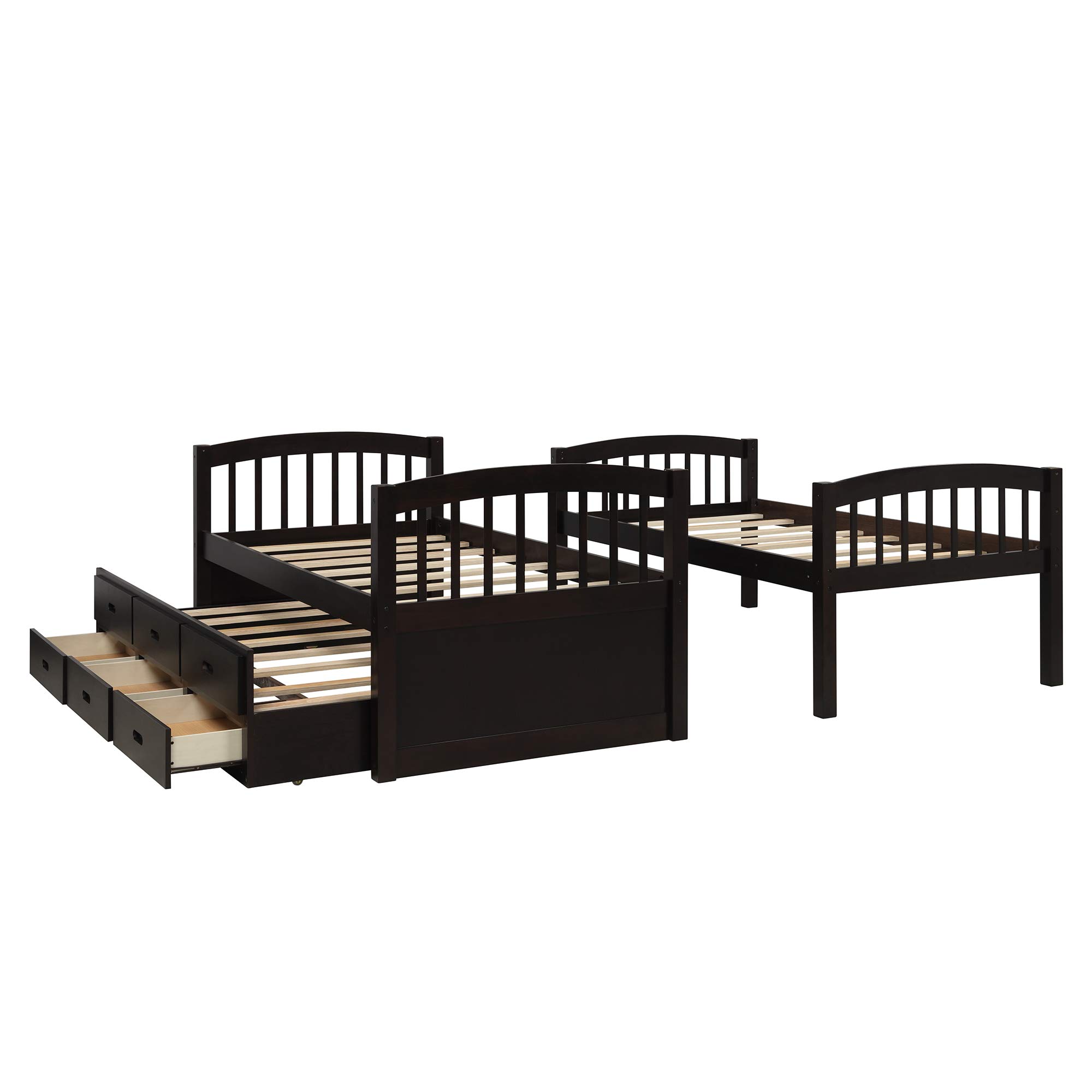 JULYFOX Twin Over Twin Bunk Bed with Trundle and 3 Storage Drawers - Solid Hardwood Space-Saving Bunk Bed with Ladder - Perfect for Kids' Bedrooms, Guest Rooms, and Small Spaces (Espresso Finish)