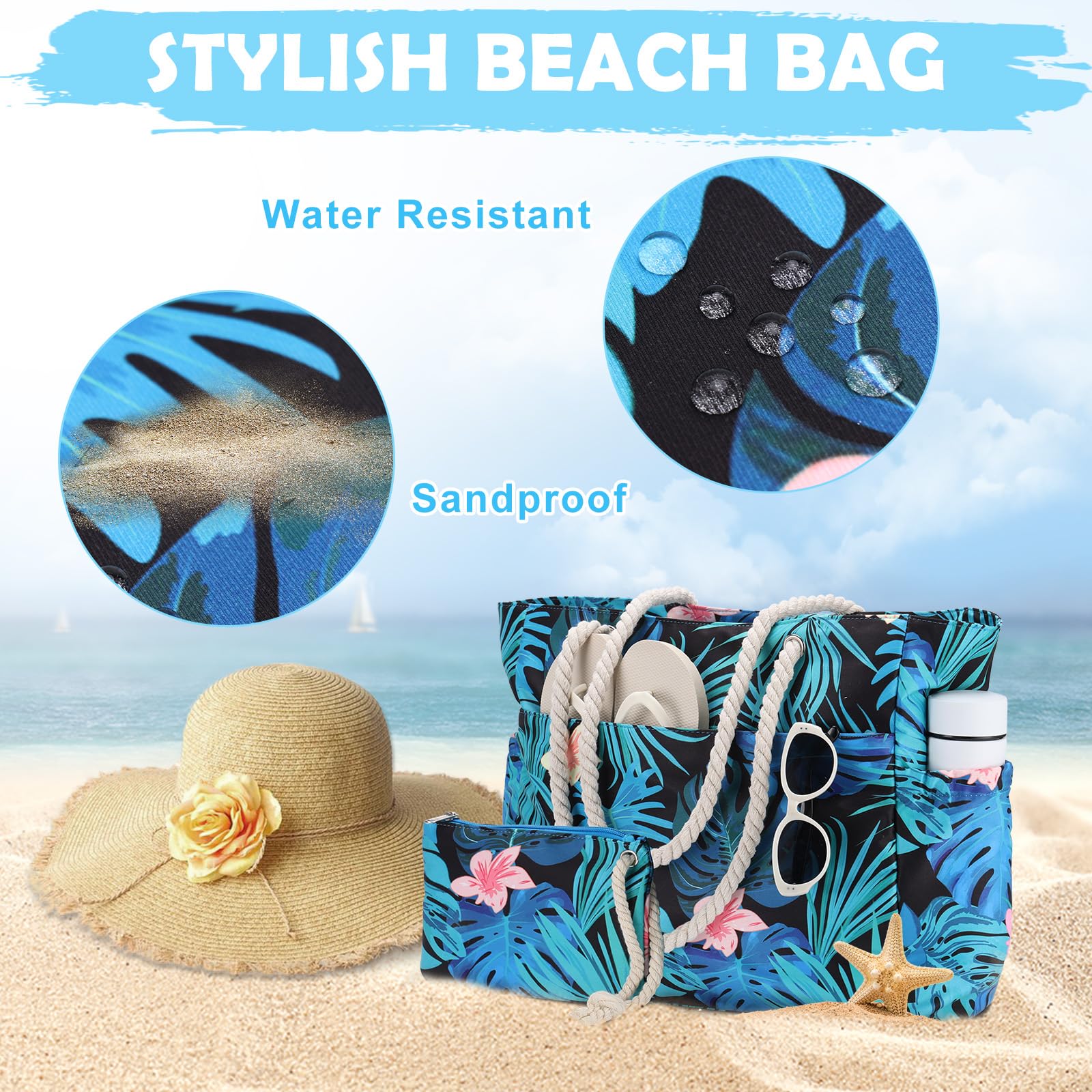 Kasqo Large Waterproof Beach Tote Bag for Women with Zipper & Small Pouch - Perfect for Swimming, Pool, Grocery Shopping, Travel & Vacation Essentials