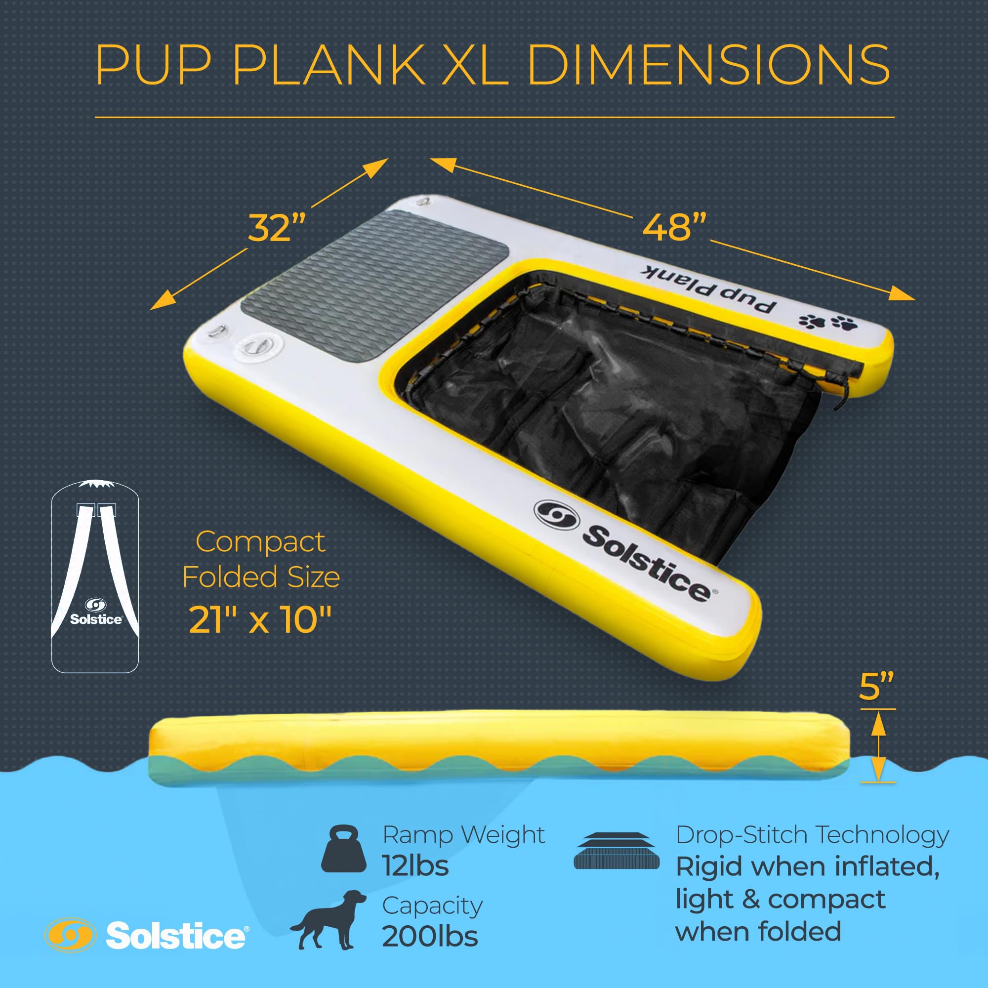 SOLSTICE Inflatable Dog Water Ramp - XL Floating Pool & Lake Ladder for Dogs, Yellow/Gray - Perfect for Swimming, Dock Diving & Water Training