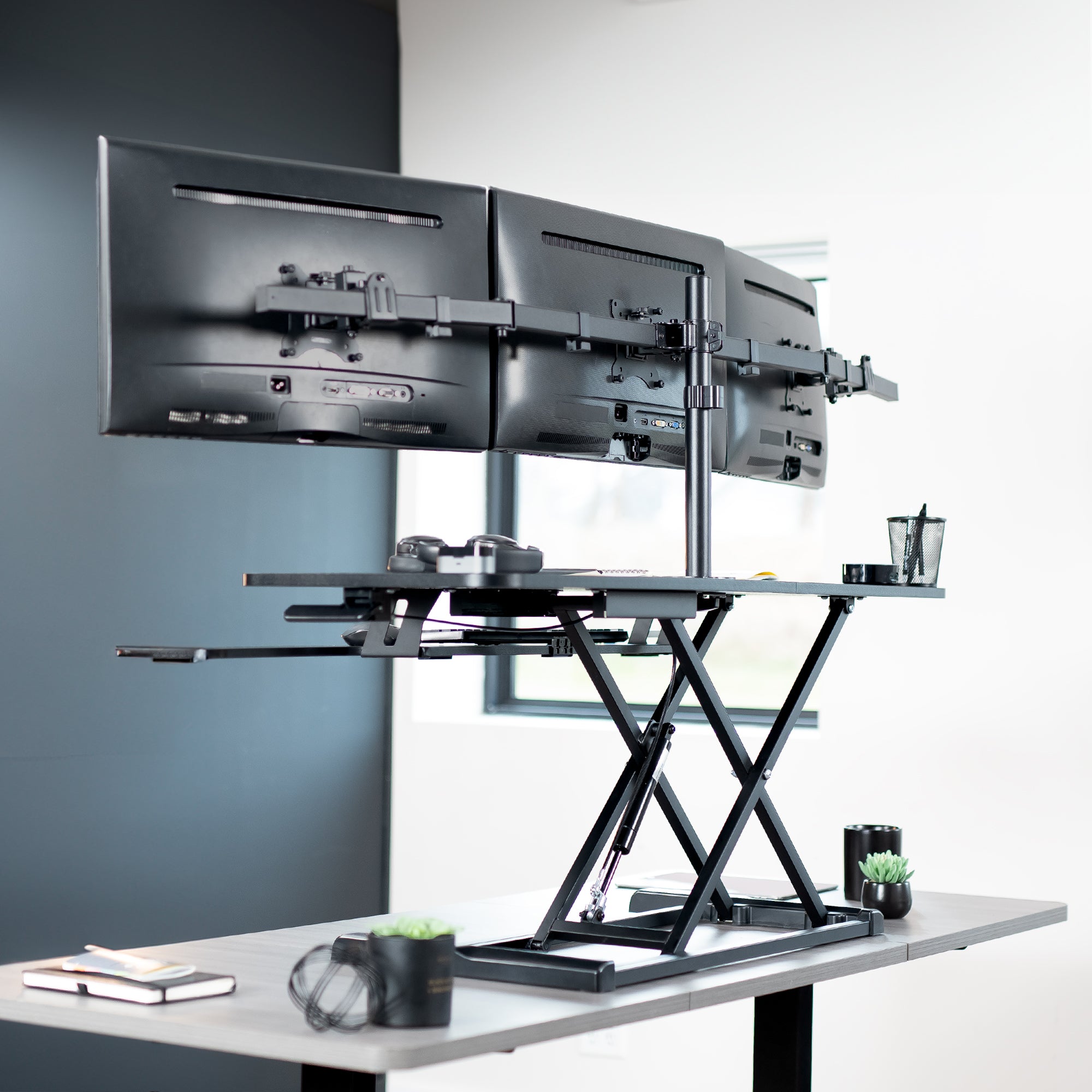 Extra Large Black Desk Riser with Triple Monitor Mount - Adjustable Standing Desk Converter for Home & Office Workspace - Perfect for Ergonomic Computer Setup, Gaming Station, and Productivity Work
