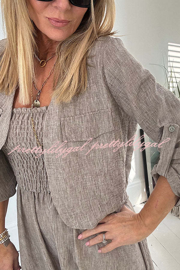 Stylish Solid Color Casual Short Jacket with Suspenders & Pleated Maxi Dress Set for Women | Perfect for Spring Outfits, Date Nights & Office Wear