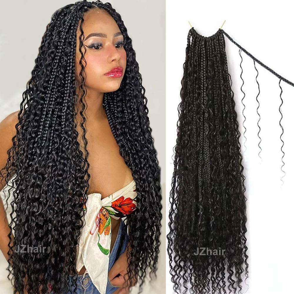 Pre-Looped Crochet Boho Box Braids with Human Hair Curls - 18 Inch Natural Color Hair Extensions for Women (2 Pack, 80 Strands) - Perfect for Protective Styling, Everyday Wear & Special Occasions
