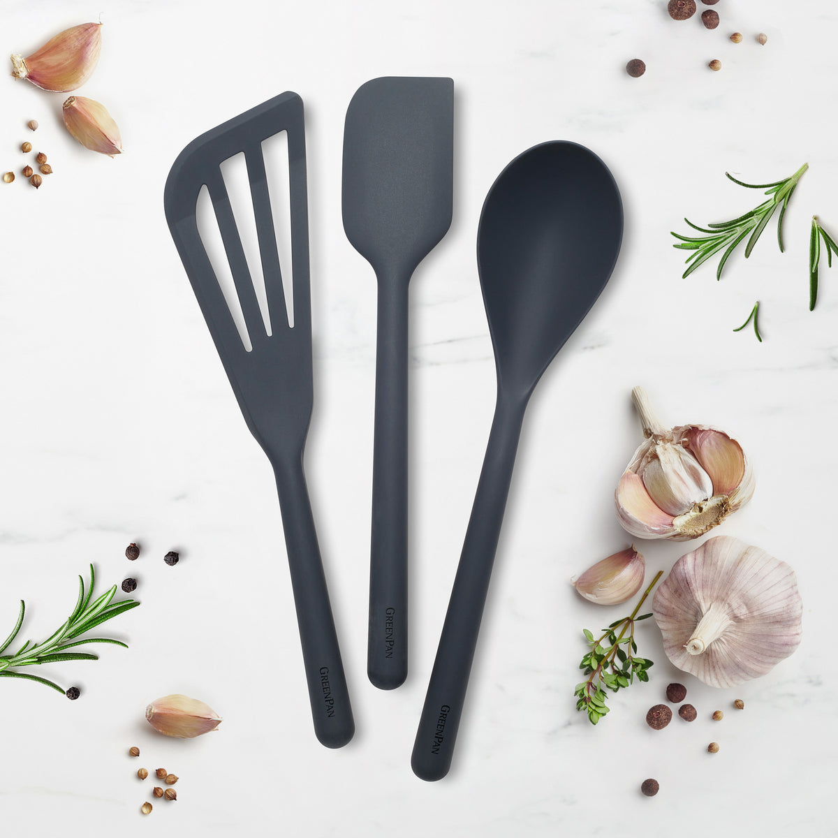 Premium Platinum Silicone Cooking Utensil Set - 3-Piece Non-Stick Kitchen Tools (Gray) for Baking, Cooking & Food Prep - Spatula, Spoon & Tongs