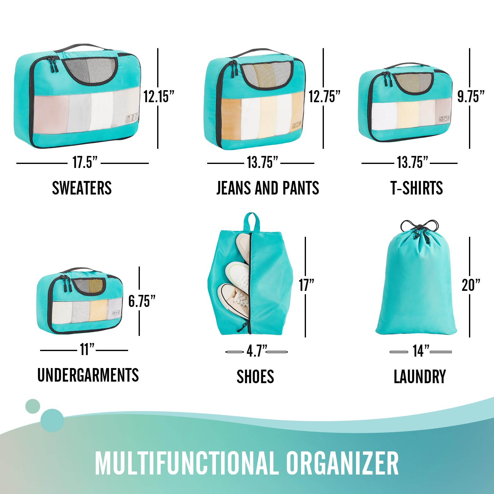 Veken 6-Piece Packing Cubes Set for Suitcases - Travel Organizer Bags with 4 Sizes (XL, L, M, S) - Lightweight Luggage Organizers for Carry-On Bags - Perfect for Business Trips, Vacations & Weekend Getaways - Cyan