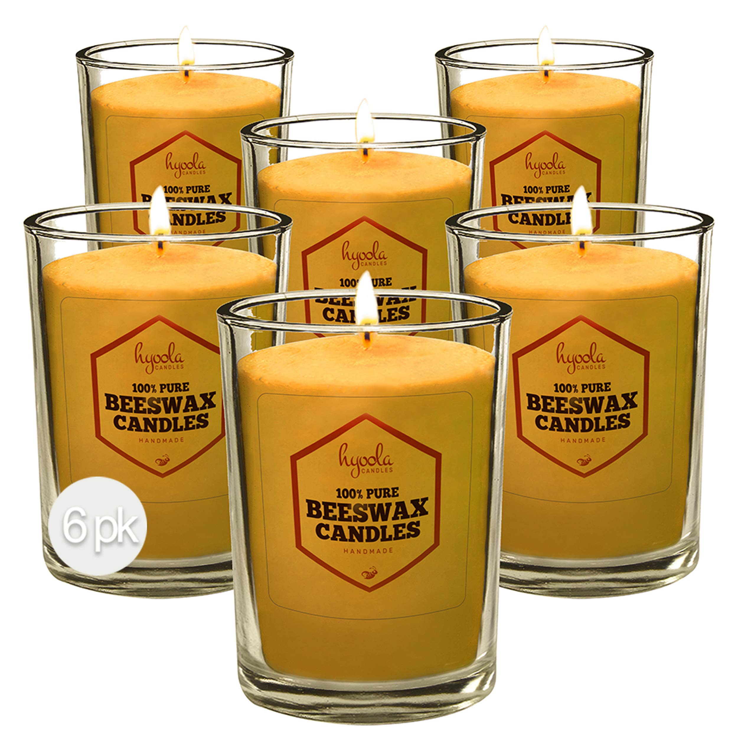 Hyoola 100% Pure Beeswax Votive Candles 6 Pack - Unscented Natural Handmade Golden Yellow Candles for Home Decor, Wedding, Spa & Meditation - 30 Hour Burn Time