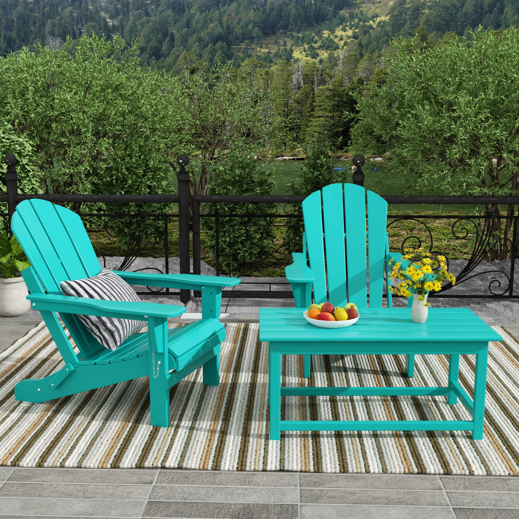 WestinTrends Malibu 3-Piece Outdoor Patio Furniture Set - All-Weather Plastic Adirondack Chairs (Set of 2) with Coffee Table for Porch, Lawn & Backyard - Turquoise - Perfect for Relaxing, Entertaining & Outdoor Dining