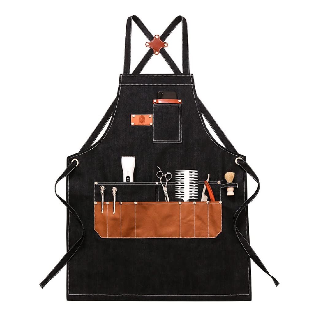 Denim Apron for Barber & Hair Stylist - Heavy Duty Work Apron with Custom Logo Option - Black One Size - Perfect for Hairdressing, Perm, Dyeing & Salon Professionals