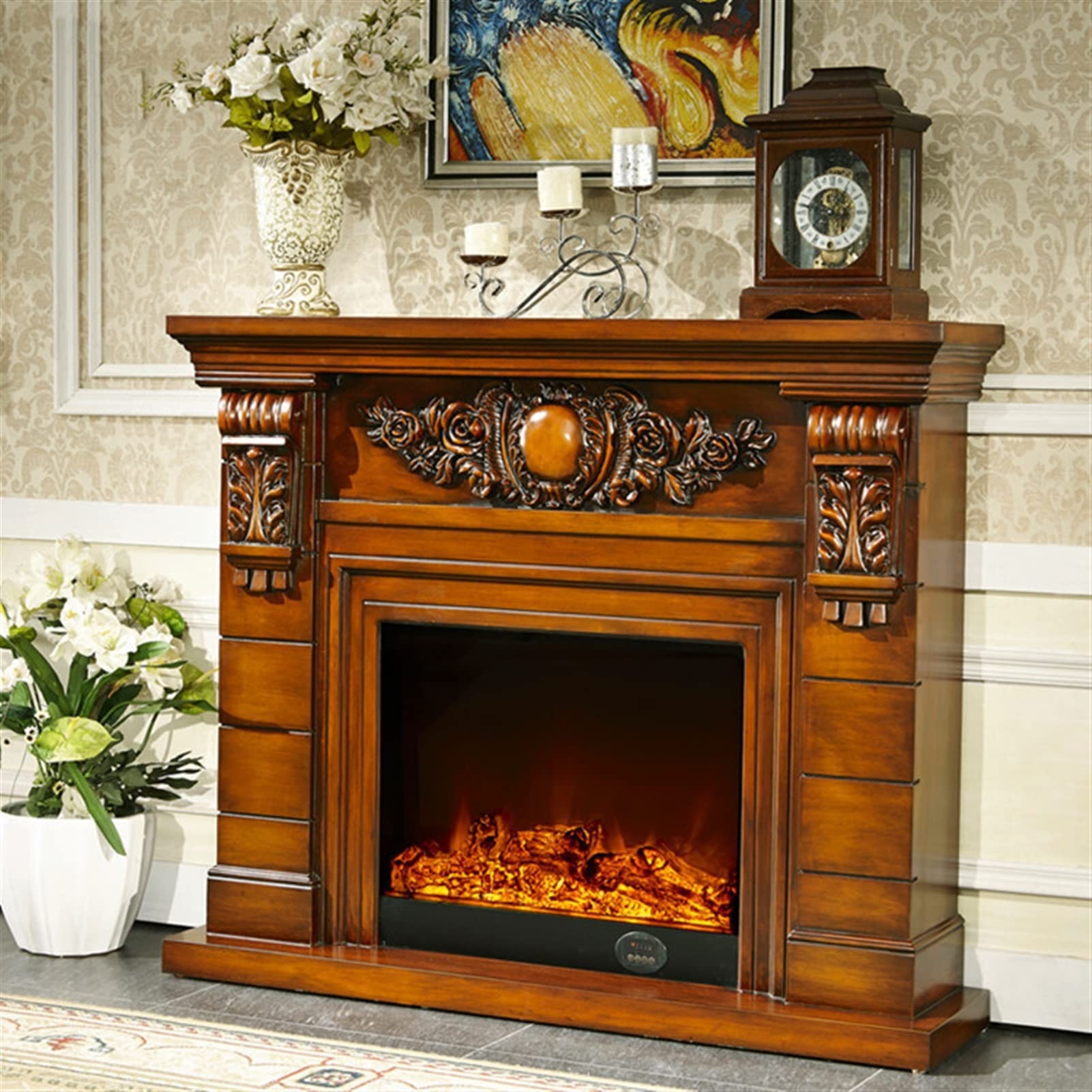 Electric Fireplace Insert with Realistic Flame Effect - Wooden Mantel Firebox Burner Set for Living Room | Cozy Home Heating & Holiday Decor