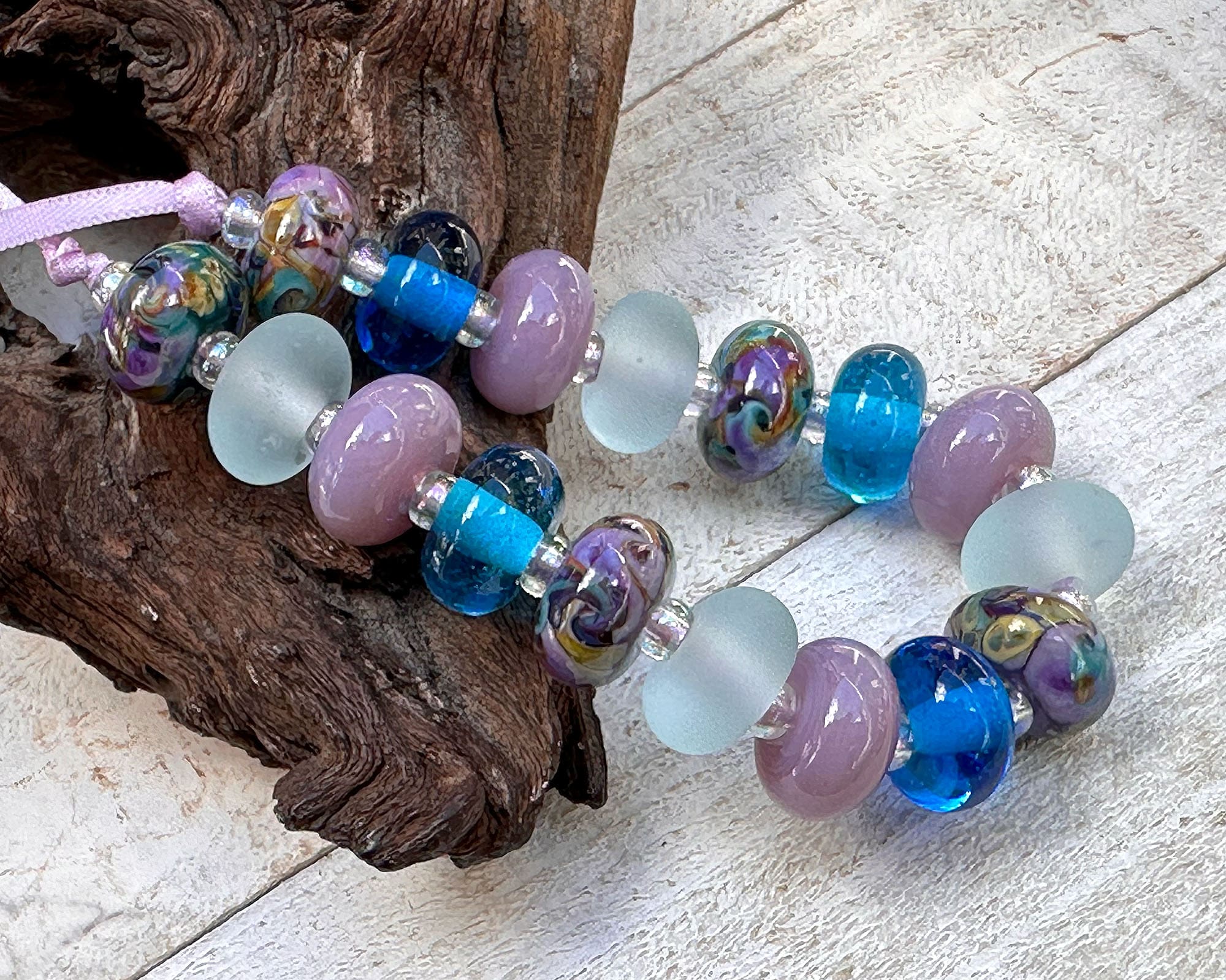 17 Aqua Purple Swirl Lampwork Glass Beads Set for Jewelry Making - DIY Bracelet, Necklace & Craft Projects (SRA)