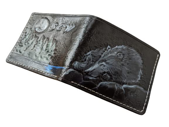 Howling at the Moon Gray Wolf Men's 3D Genuine Leather Bifold Wallet - Handmade Carved & Tooled Airbrush Art Custom Personalized Wallet for Men - Perfect Gift for Father's Day, Birthday & Daily Use