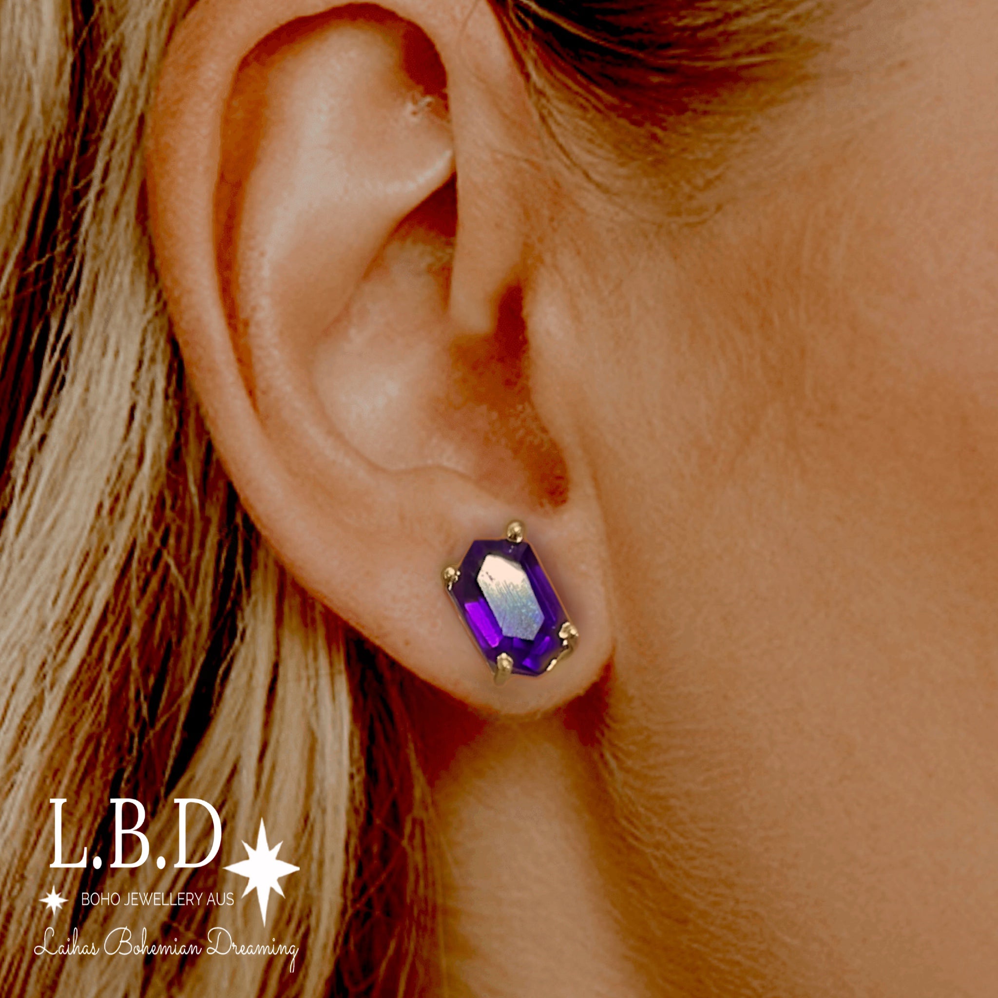 Hexagonal Crystal Gold Amethyst Stud Earrings for Women - Elegant Purple Gemstone Jewelry Gift for Birthday, Anniversary & Special Occasions