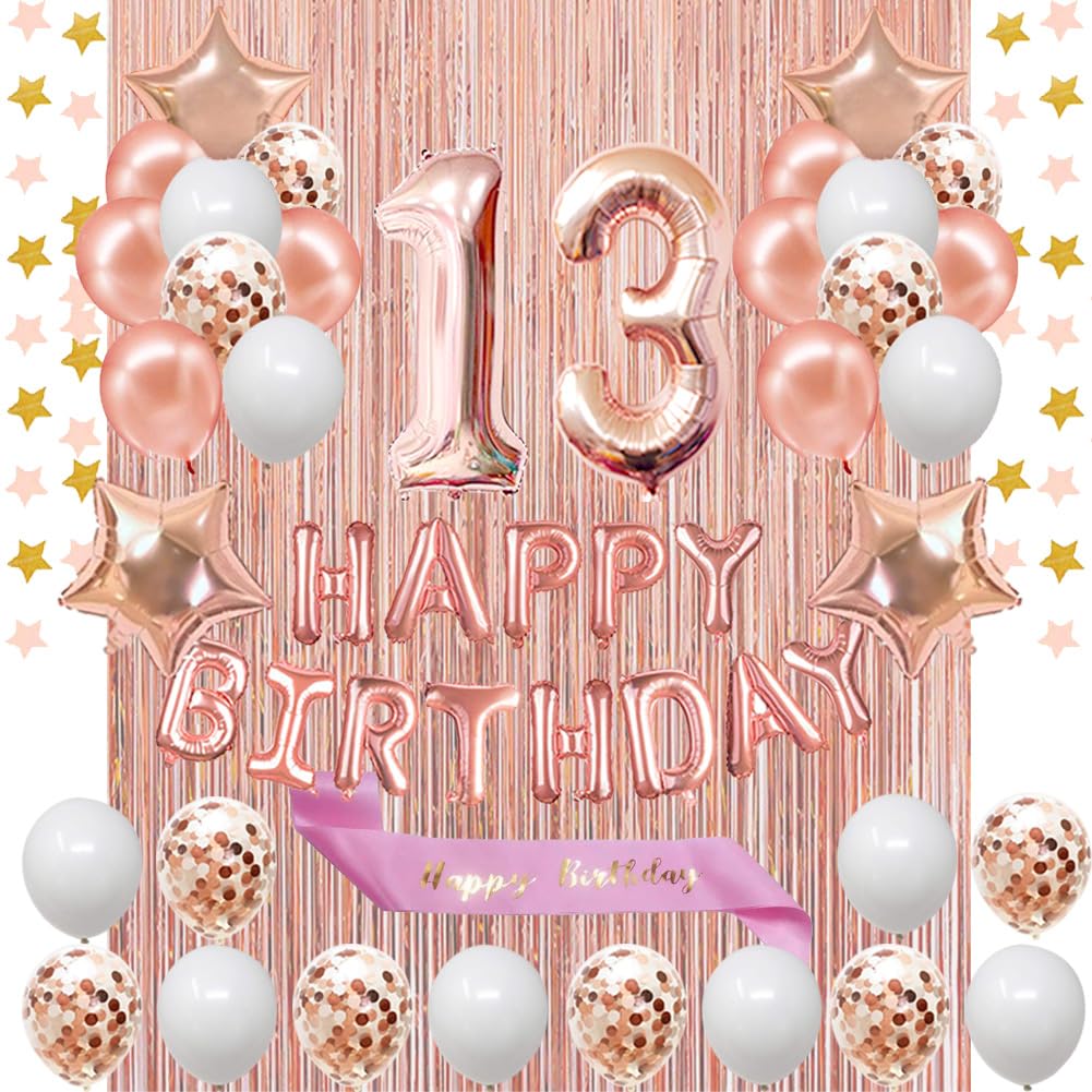 13rd Birthday Decorations Set - Rose Gold Happy Birthday Banner, Sash & Number 13 Balloons for Girls & Women | Latex Confetti Balloons | Perfect for 13th Birthday Parties, Teen Celebrations & Sweet 16 Decor