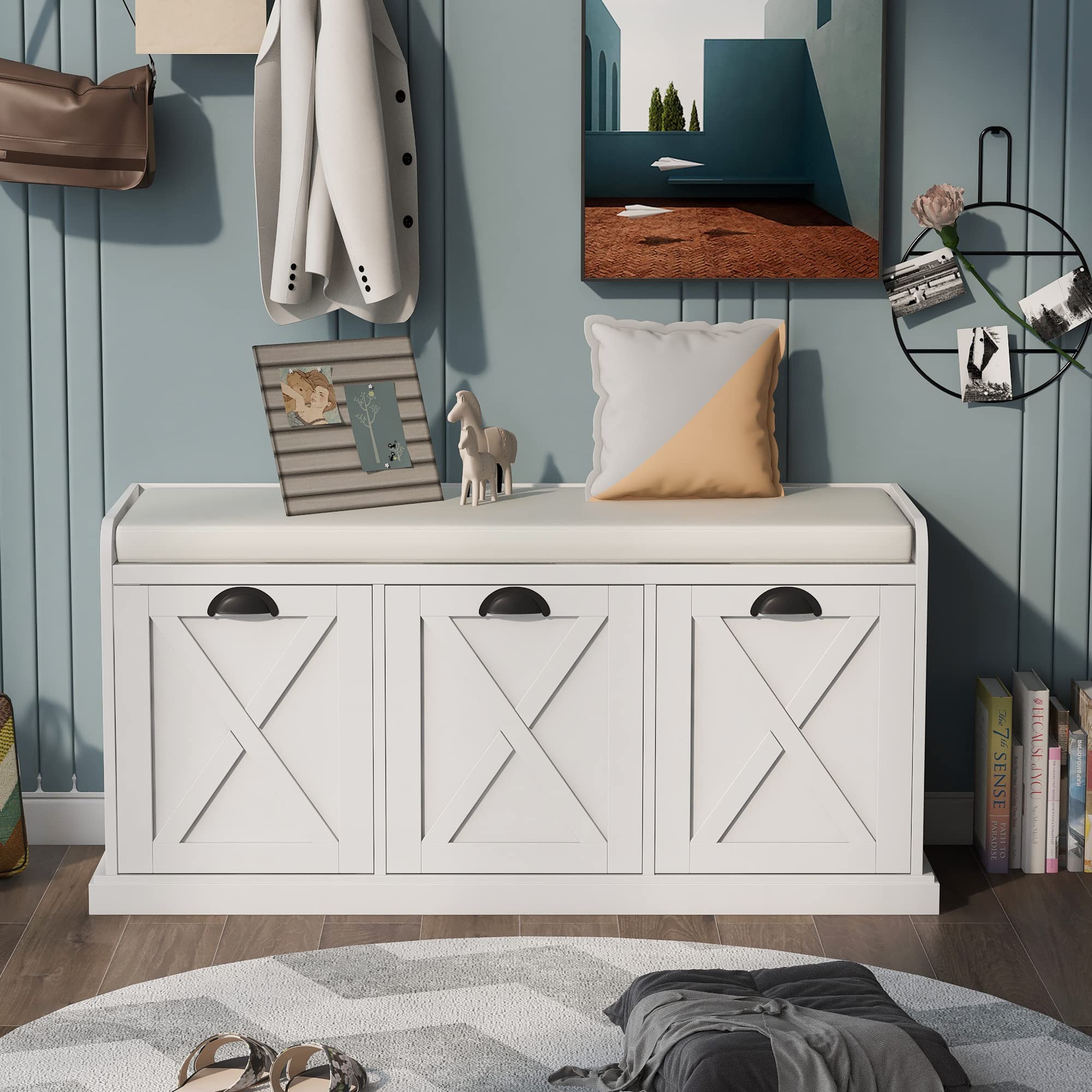 Rustic Solid Wood Storage Bench with 3 Drawers & Velvet Removable Cushion - Entryway Shoe Bench for Hallway, Living Room (Antique Navy) | Perfect for Small Space Organization & Home Decor