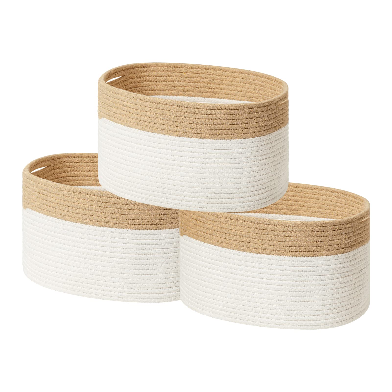 UBBCARE 3-Pack Foldable Cotton Rope Storage Baskets - 15x10x9 Inch Woven Organizer Bins with Handles for Shelves, Living Room, Bedroom & Bathroom Organization | Home Decor Storage Solutions