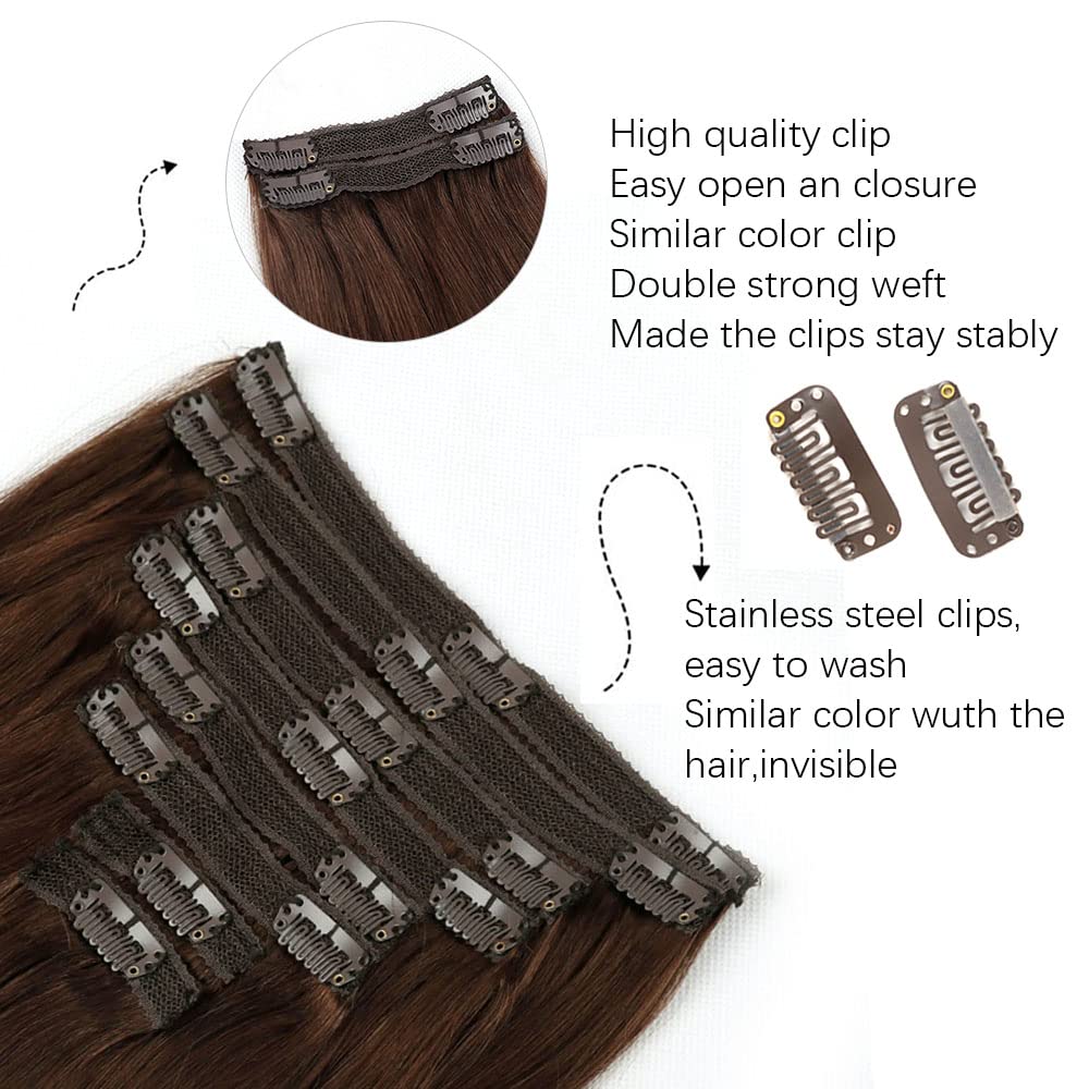 Brazilian Virgin Human Hair Clip in Extensions for Women - 8Pcs Straight Remy Hair with 18 Clips & Double Lace Weft (120g, 24inch, #4 Chocolate Brown) - Perfect for Daily Styling, Parties & Special Occasions