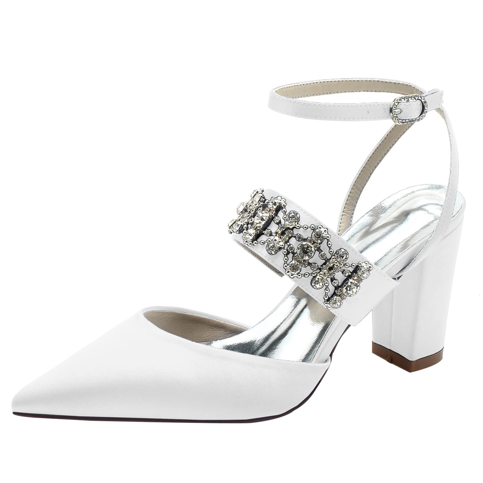 TNXZ Women's Rhinestone Glitter Chunky Block Heel Pump Shoes - Pointy Toe Ankle Strap Mary Jane Pumps for Wedding, Party & Bride (Perfect for Prom, Evening Events & Special Occasions)