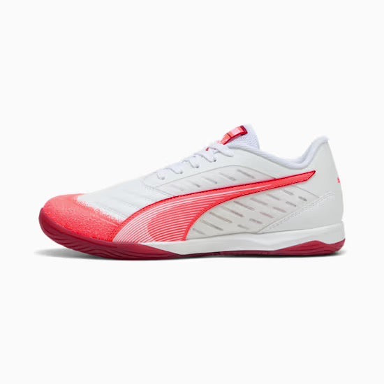 Puma Ibero IV IN Football Cleats for Men - White/Glowing Red/Dark Crimson Soccer Shoes | Lightweight & Durable for Turf & Artificial Grass Fields