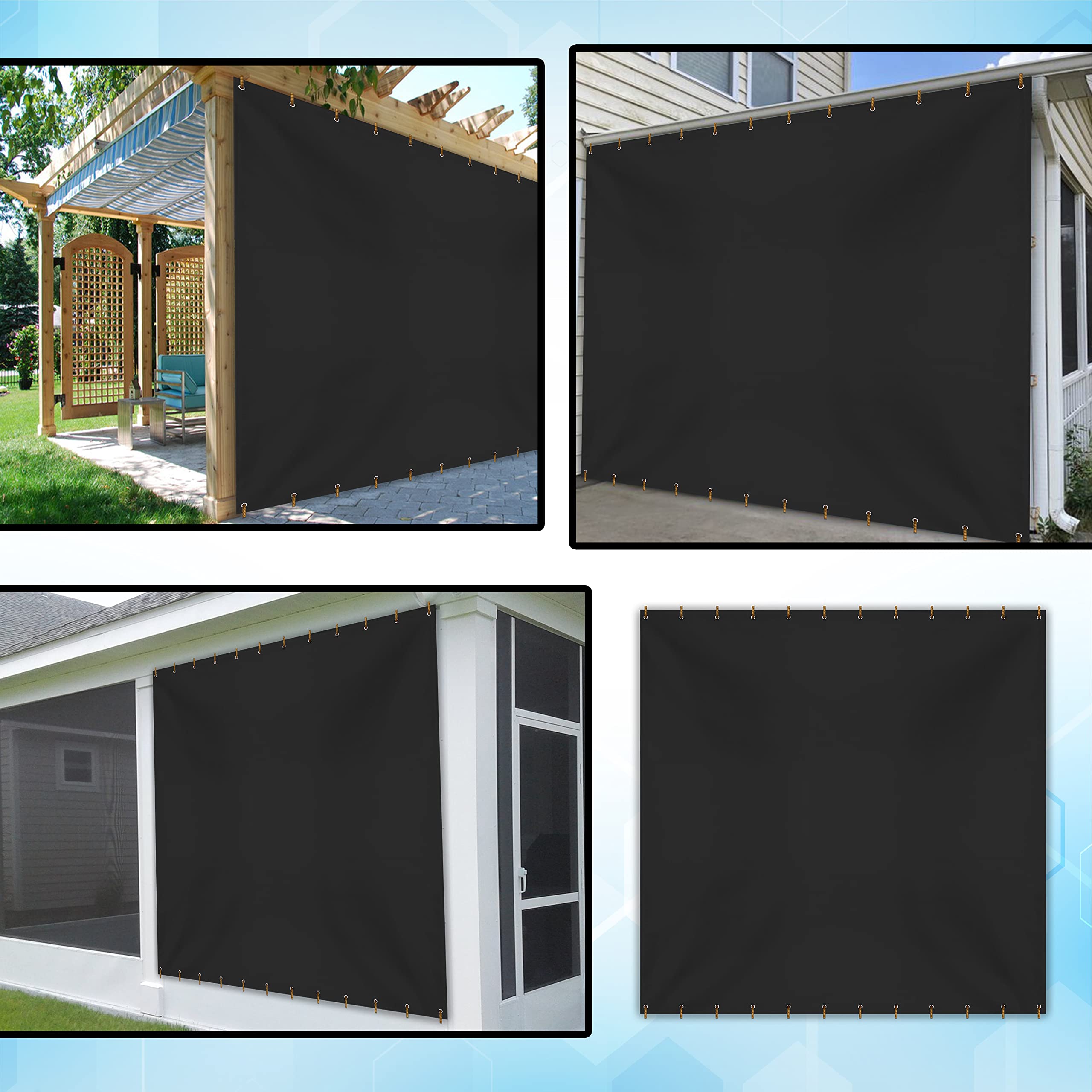 Heavy Duty 12 Oz Outdoor Vinyl Blackout Curtains for Patio, Pergola, Porch & Gazebo - Weather Resistant, Rustproof Grommets (8' H x 9' W, Black) - Perfect for Dining Room Windows, Sun Protection & Outdoor Privacy
