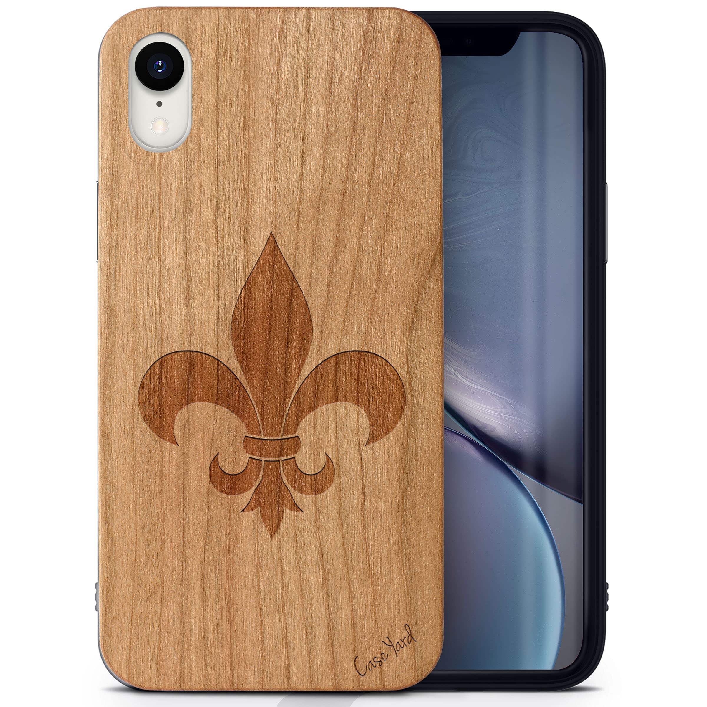 CaseYard Laser Engraved French Tip Cherry Wood Phone Case for iPhone XR - Slim Fit Shockproof Protective Cover for Men & Women | Perfect for Daily Use, Travel & Gift Giving