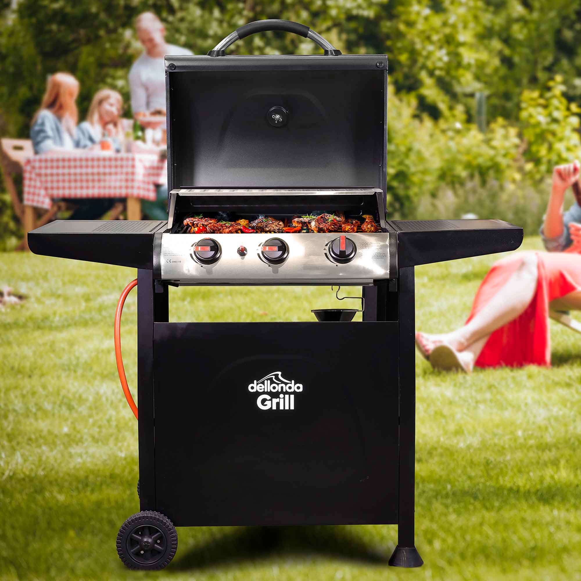 3 Burner Gas BBQ Grill with Piezo Ignition - Built-In Thermometer & Weatherproof Cover - Black Stainless Steel Outdoor Grill - Perfect for Backyard, Patio, and Camping Cooking (Model DG228)