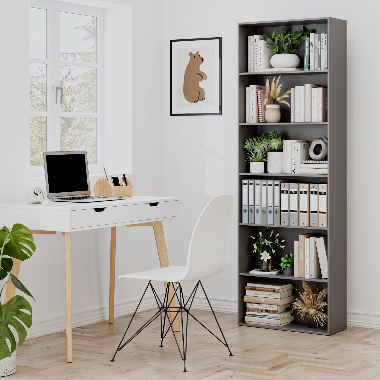 FOTOSOK 6-Tier Open Bookcase - Freestanding Bookshelf for Bedroom, Living Room & Office - Dark Gray Display Storage Shelf - Perfect for Organizing Books, Decor & Essentials in Home or Workspace