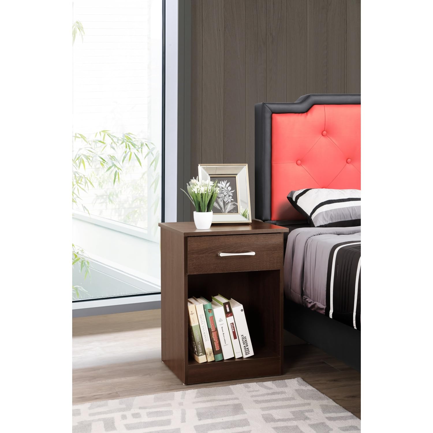 Modern 1-Drawer Nightstand - Wenge Finish Bedside Table for Bedroom & Living Room (24