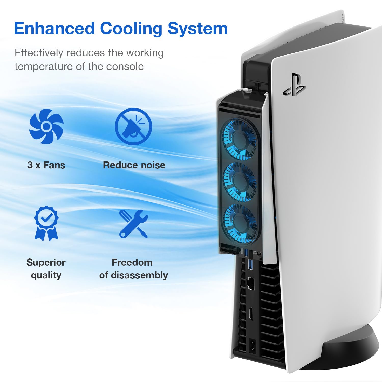 MEQI Upgraded PS5 Cooling Fan with LED Lights & USB 3.0 Hubs - Quiet Cooling Station for Playstation 5 Disc/Digital Edition - Prevent Overheating for Long Gaming Sessions