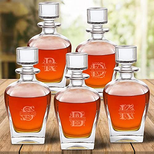 Personalized Decanter Set for Men - Custom Engraved Whiskey Decanters (Set of 5, 24 oz Antique) - Unique Groomsmen Proposal Gifts for Weddings, Bachelor Parties & Special Occasions