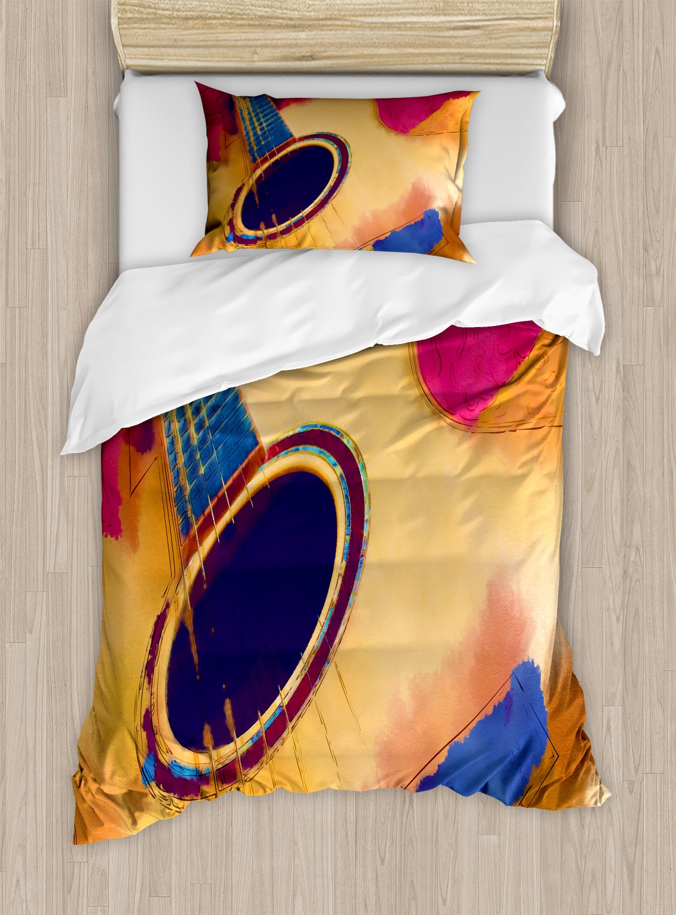 Ambesonne Guitar Duvet Cover Set - Abstract Strings Watercolor Design Vintage Style 2-Piece Bedding with Pillow Sham, Twin Size in Violet Blue Magenta | Perfect for Music Lovers' Bedroom Decor & Gift Ideas