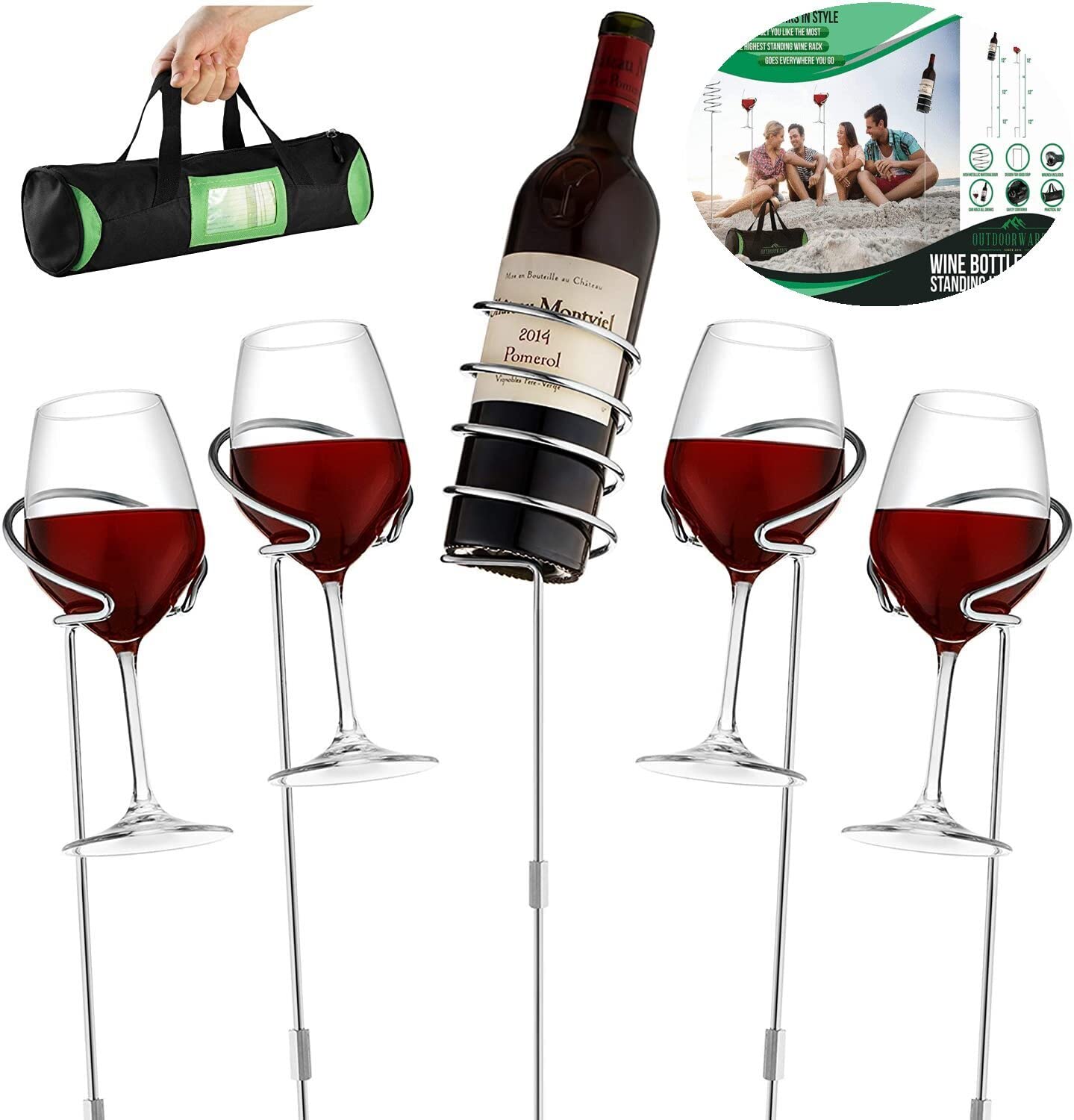 Adjustable 36-Inch Wine Bottle & Glass Holder Rack - Heavy Duty Metal Frame with Sturdy Base & Secure Grip | 5-Piece Set for Wine, Beer, Champagne & Beverages | Perfect for Parties, BBQs, Bars & Outdoor Entertaining