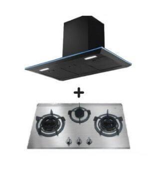 Ellane EH 2690 90cm Black Designer Chimney Range Hood with Ellane EB 338SV 76cm 3-Burner Stainless Steel Gas Cooktop - Modern Kitchen Ventilation & Cooking Solution for Home Chefs