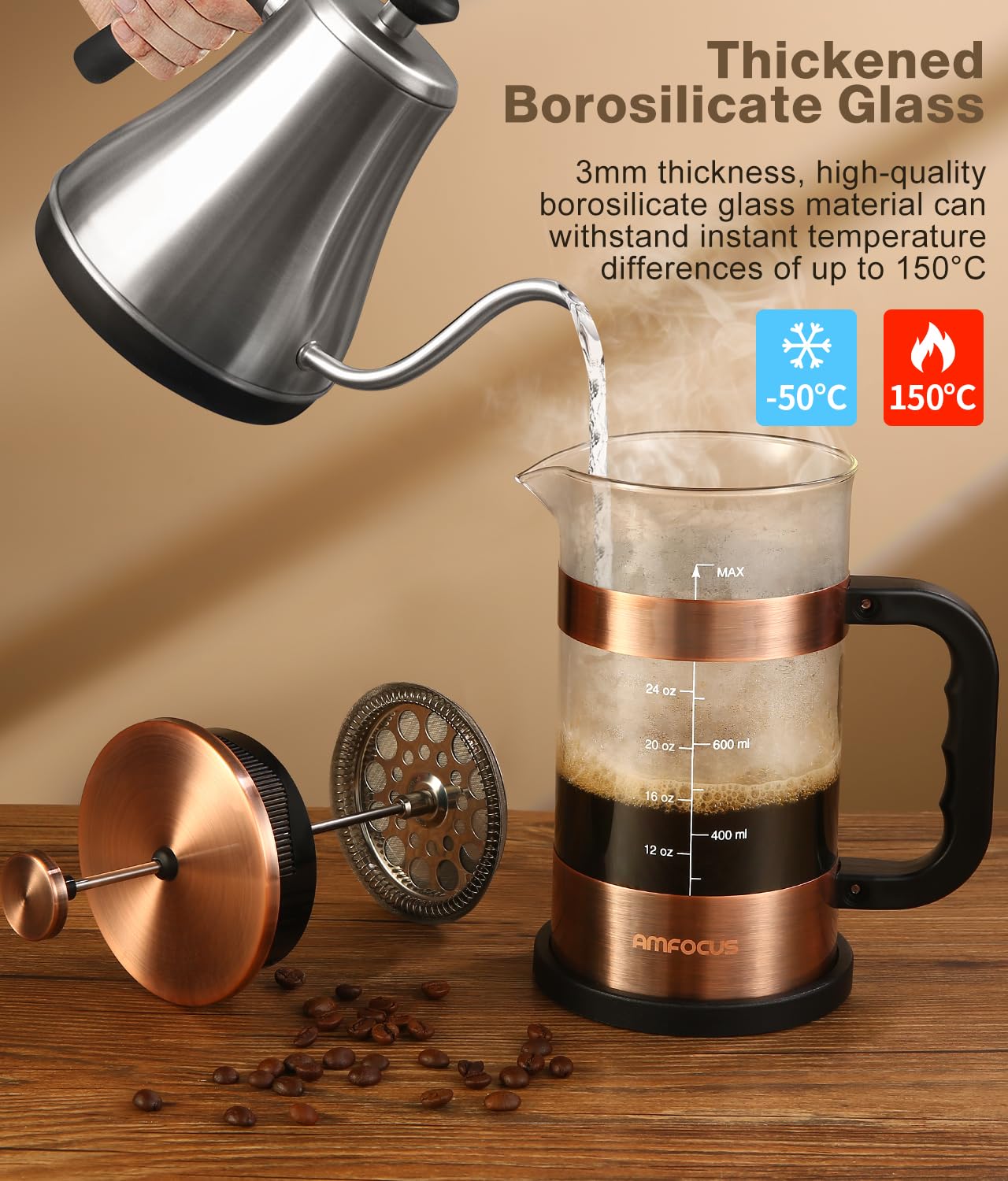 Premium French Press Coffee Maker - 34oz Stainless Steel Coffee Press with 4-Stage Filtration, Heat-Resistant Borosilicate Glass - Ideal for Home, Office, Camping & Travel Gifts