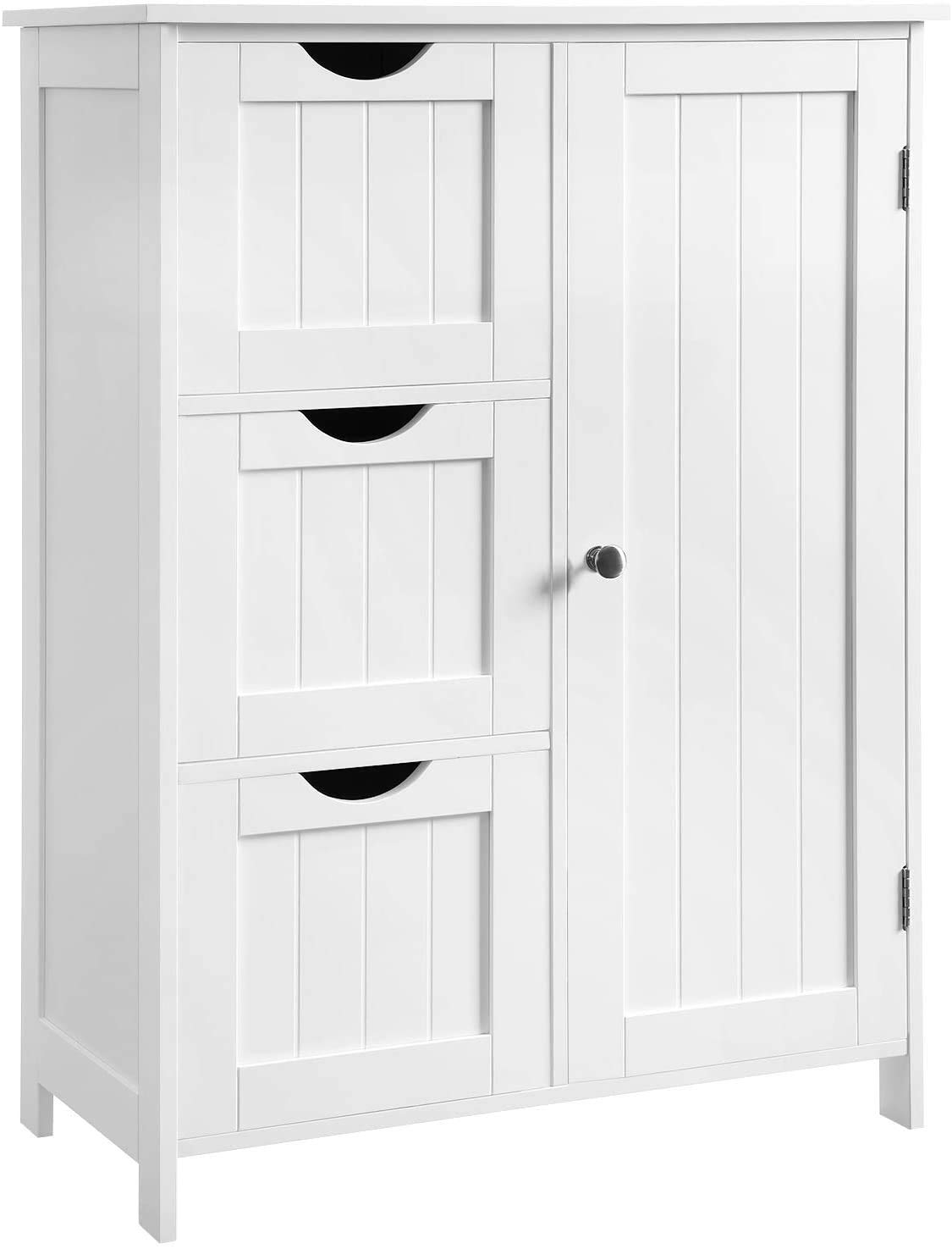 White Wooden Bathroom Storage Cabinet with Adjustable Shelf & 3 Drawers - Corner Floor Cabinet for Bathroom Organization - Perfect for Towels, Toiletries & Cosmetics Storage - Free US Delivery